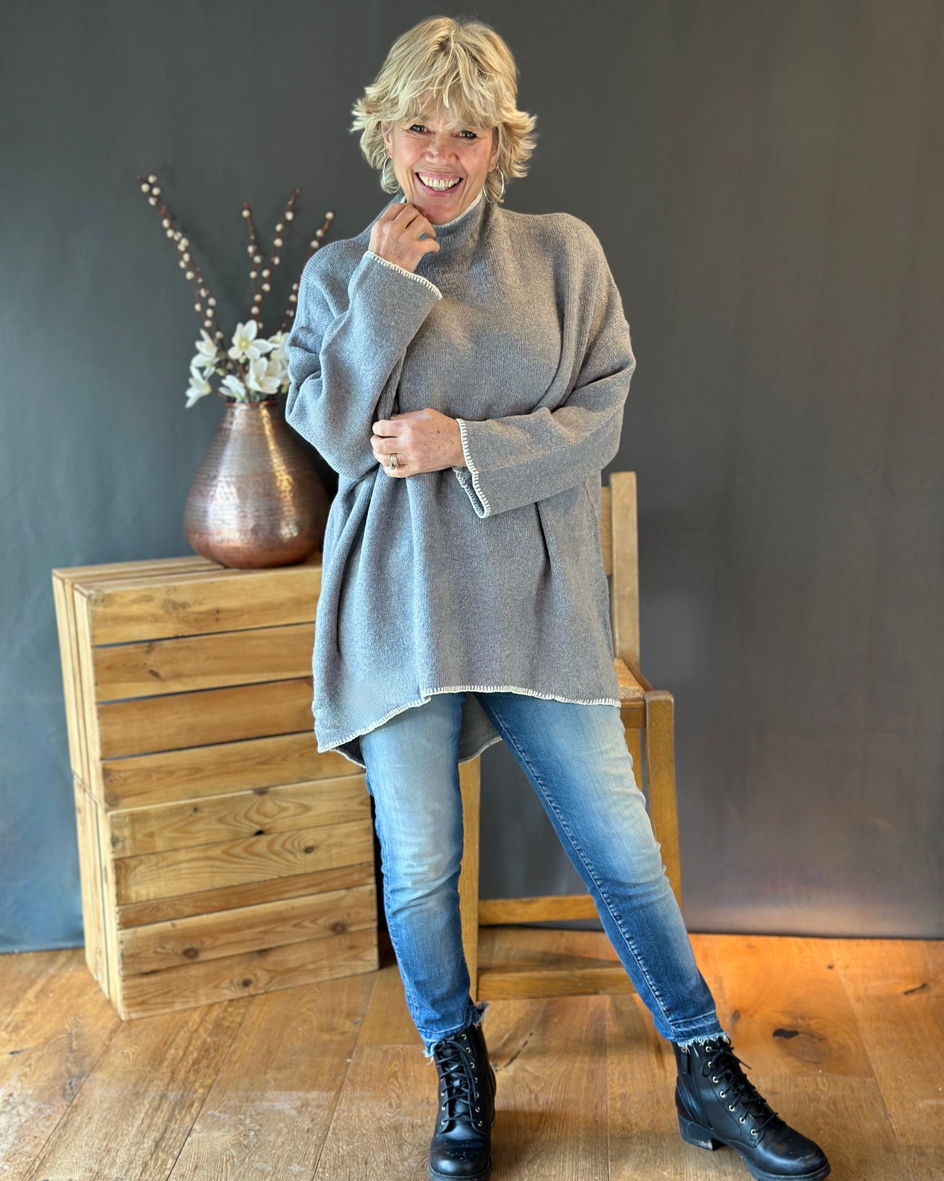 Clothing Piped Edge Slouchy Jumper - Grey