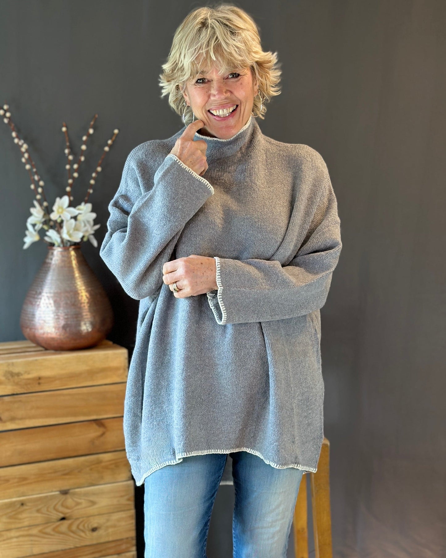 Clothing Piped Edge Slouchy Jumper - Grey