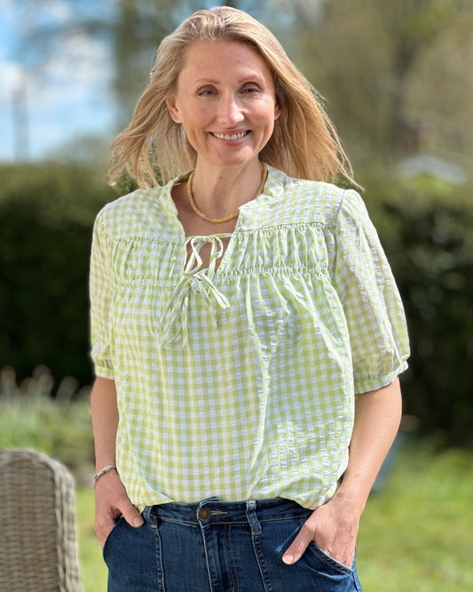 Clothing Pistachio Gingham Shirred Blouse