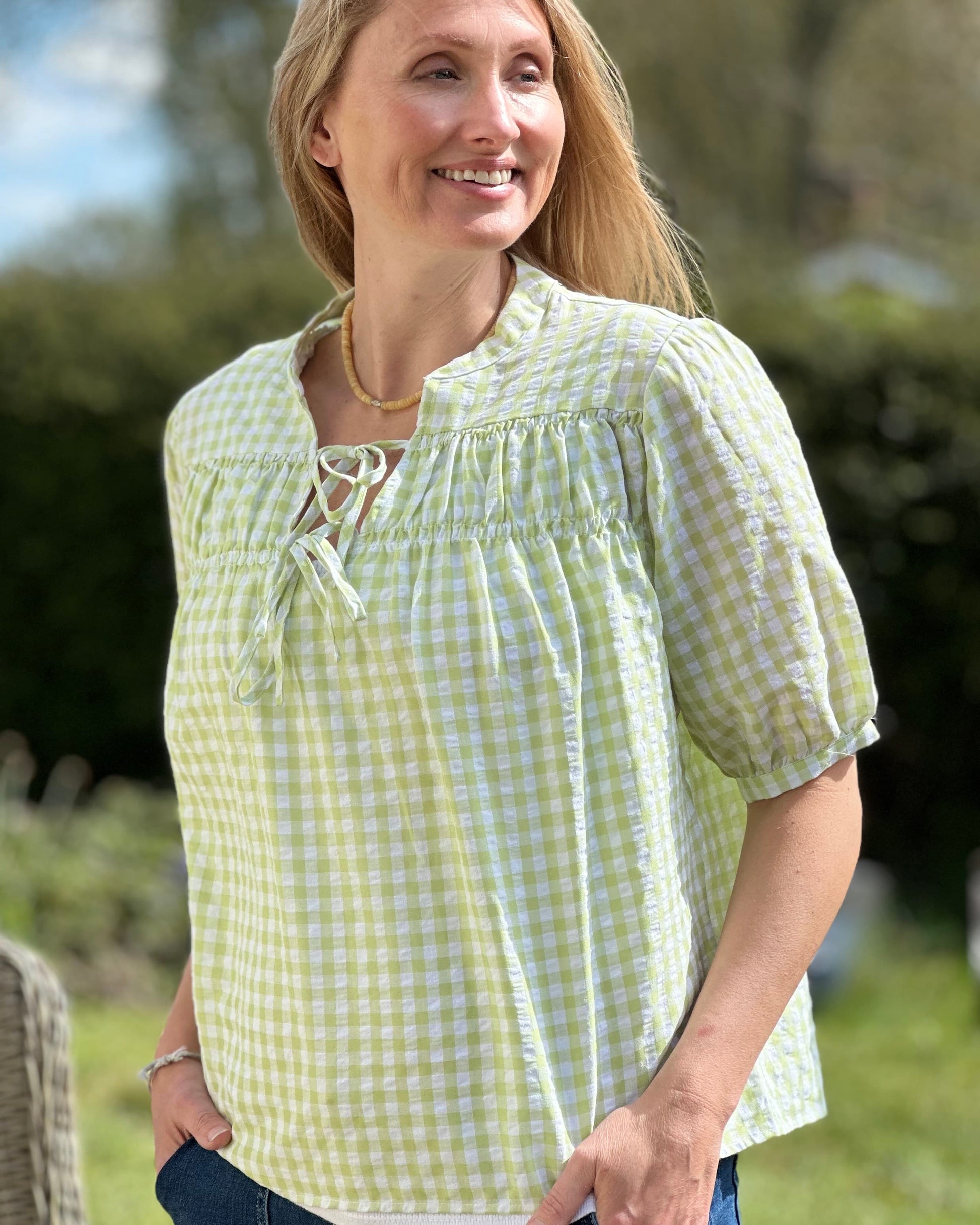 Clothing Pistachio Gingham Shirred Blouse