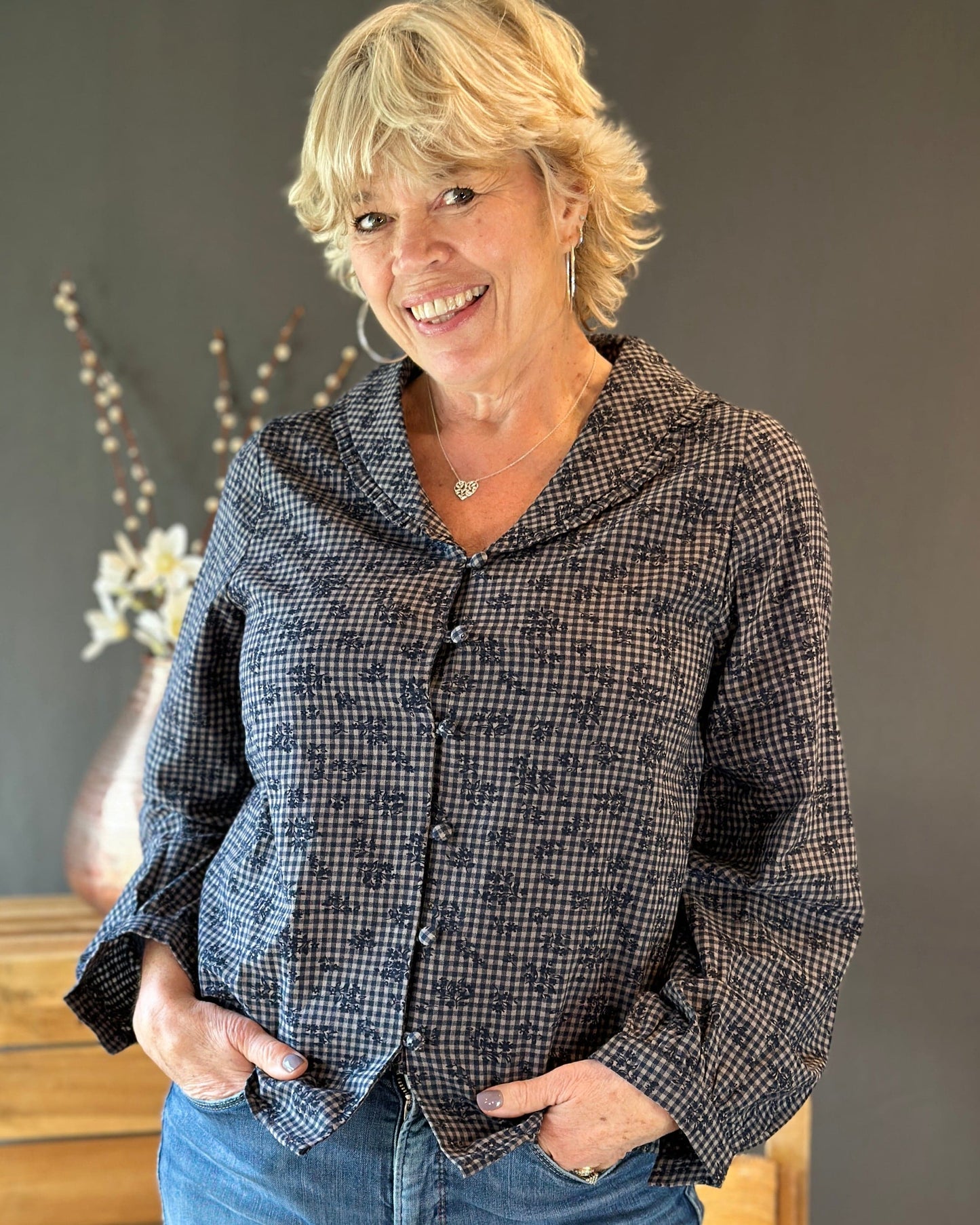 Clothing Retro Check Blouse - Navy