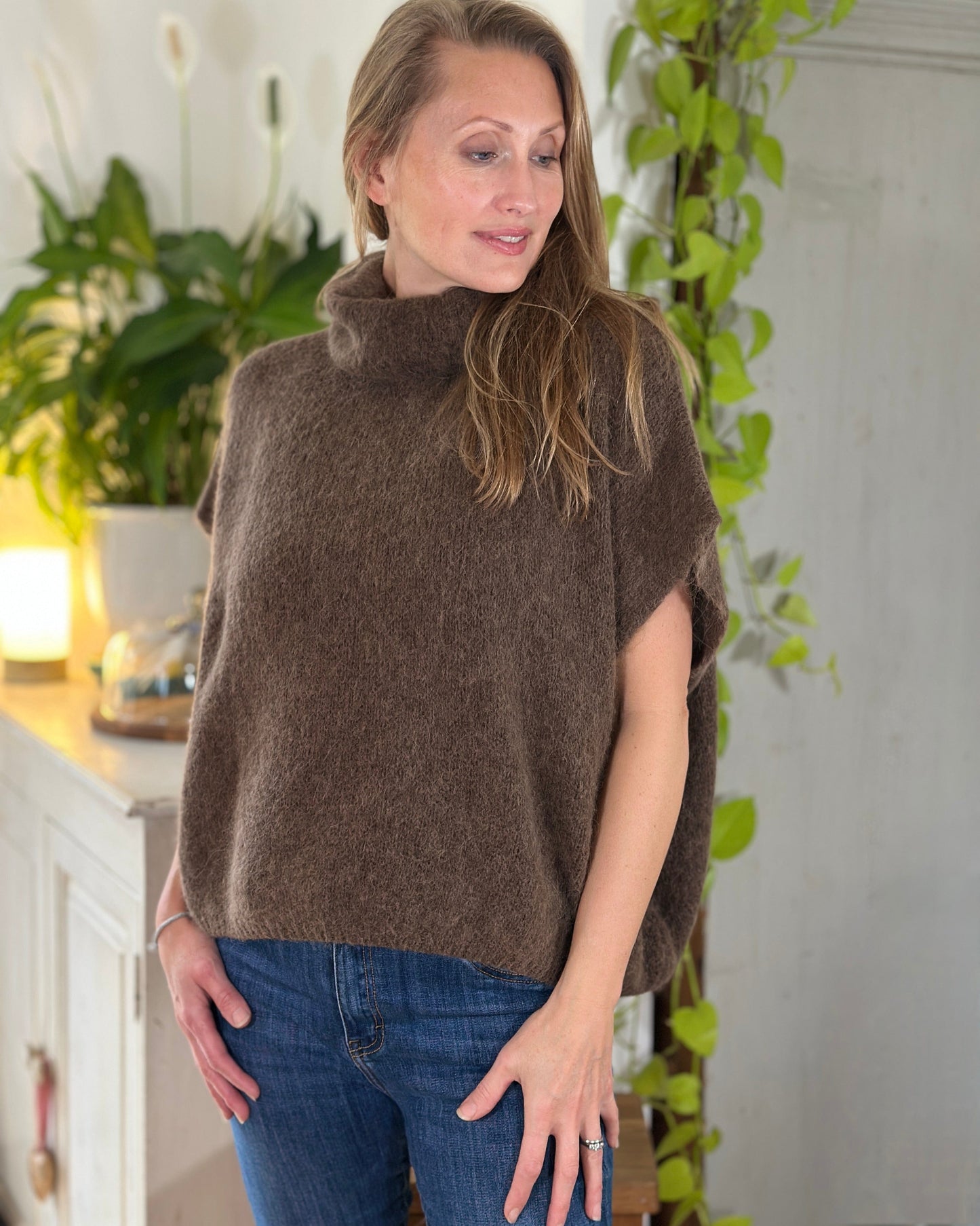 clothing Roll Neck Alpaca Tank Top - Chocolate