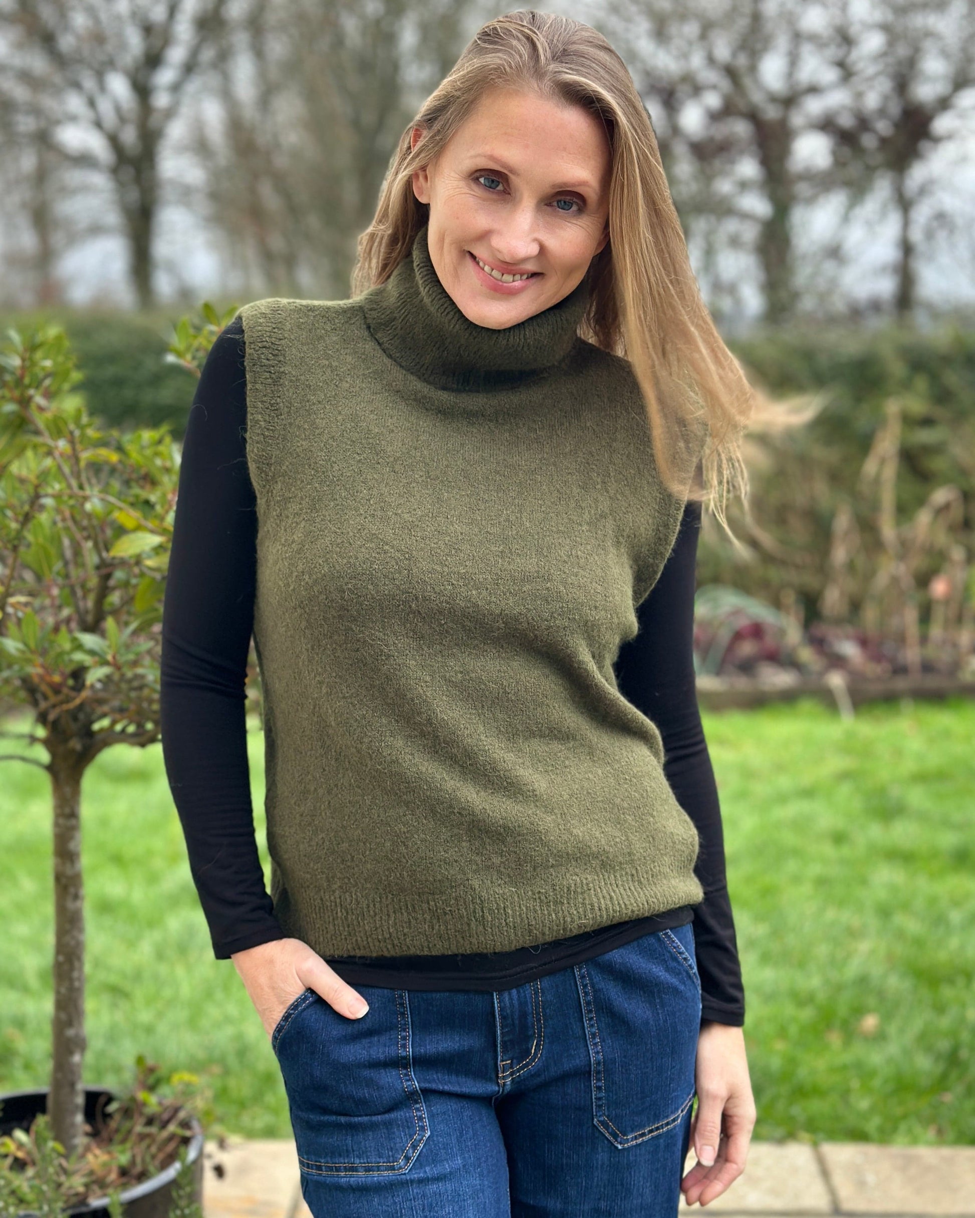 clothing Roll Neck Alpaca Tank Top - Khaki