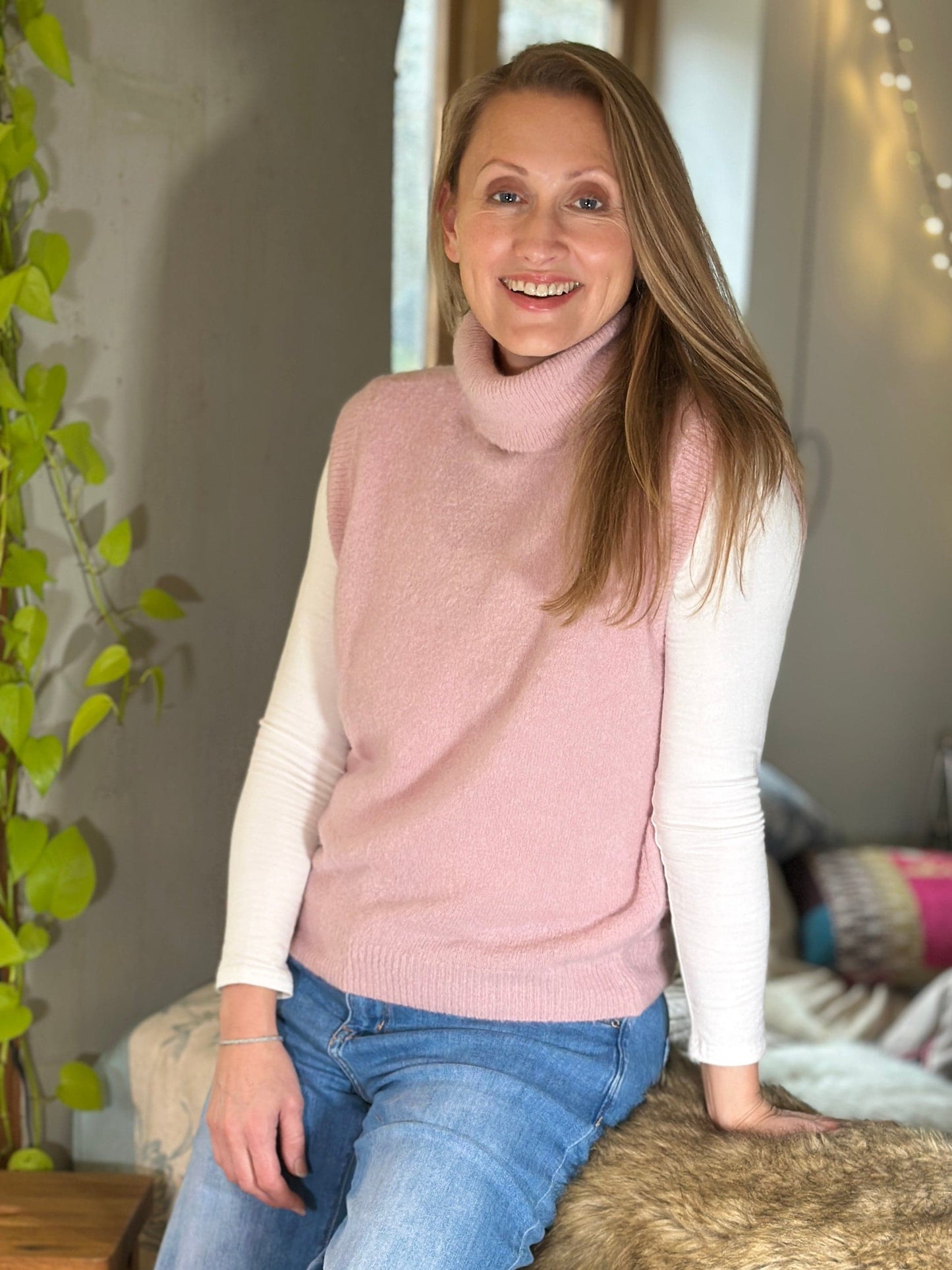 clothing Roll Neck Alpaca Tank Top - Pale Pink