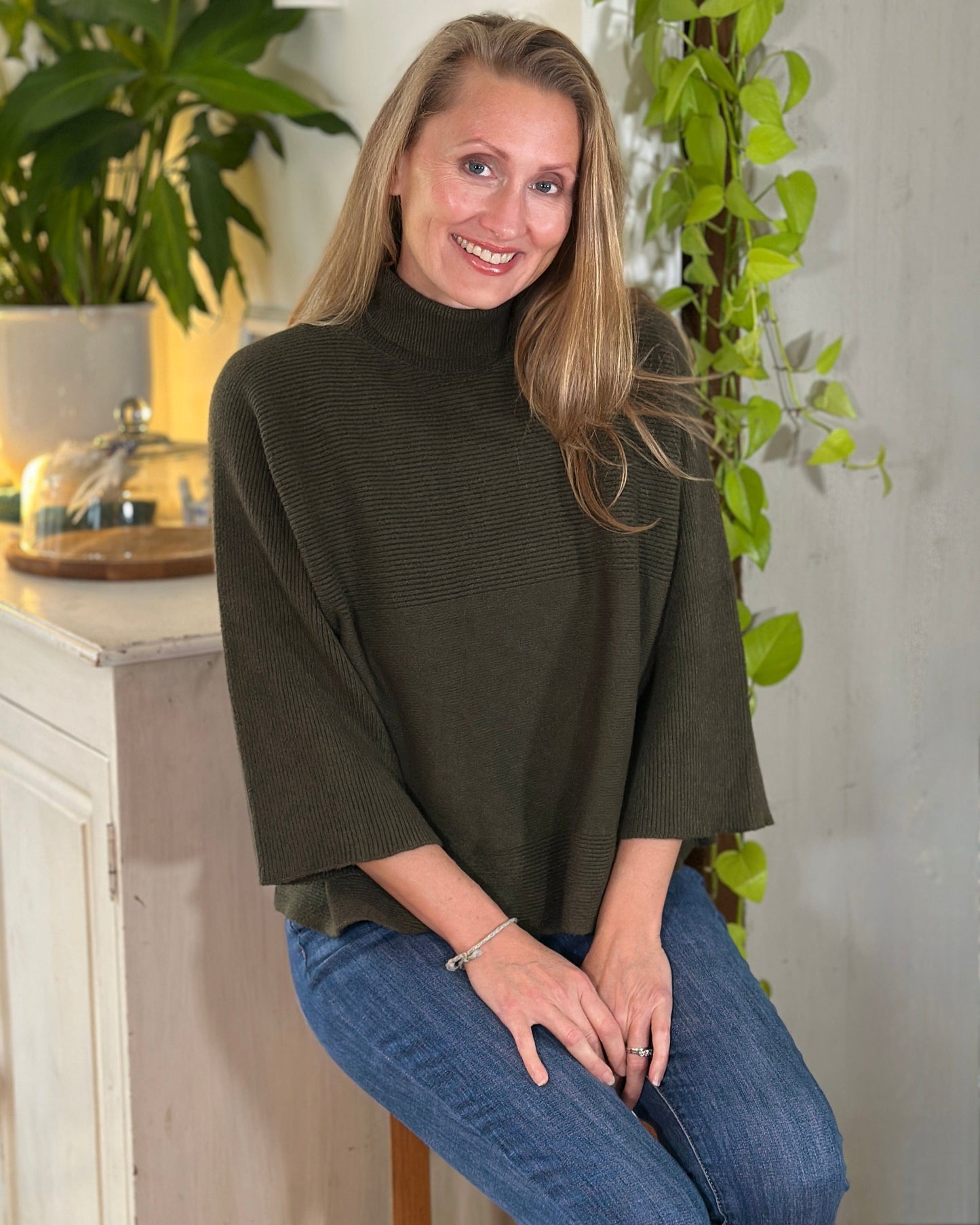 clothing Roll Neck Ribbed Jumper - Khaki