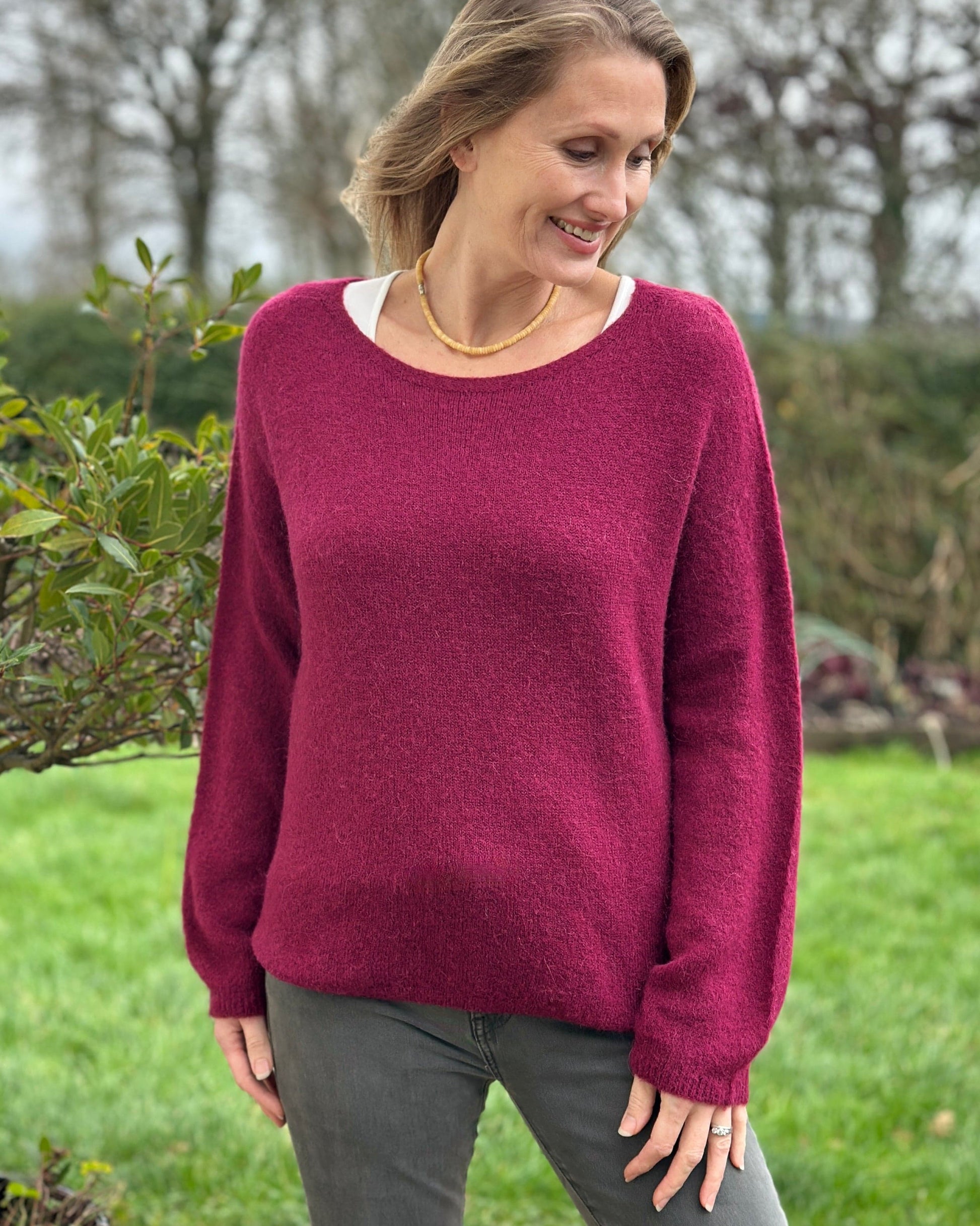 clothing Round Neck Long Sleeve Alpaca Jumper - Wine
