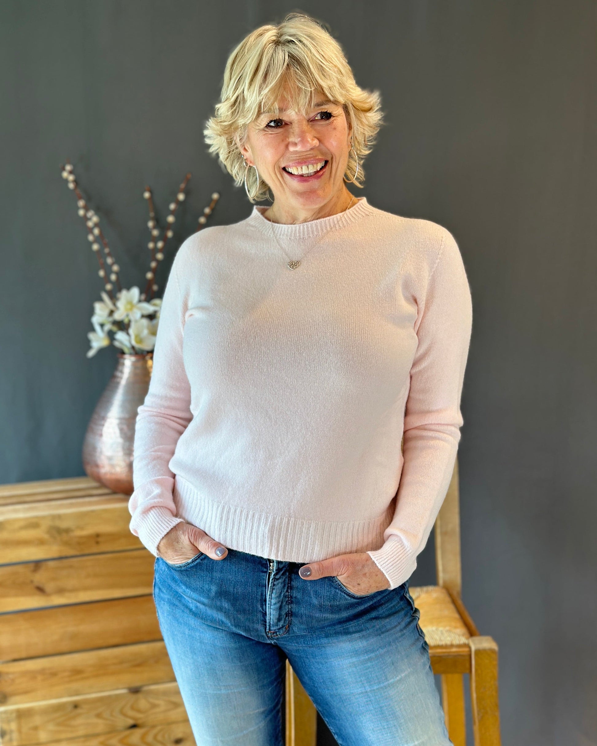 clothing Round Neck Long Sleeve Fitted Jumper - Pale Pink