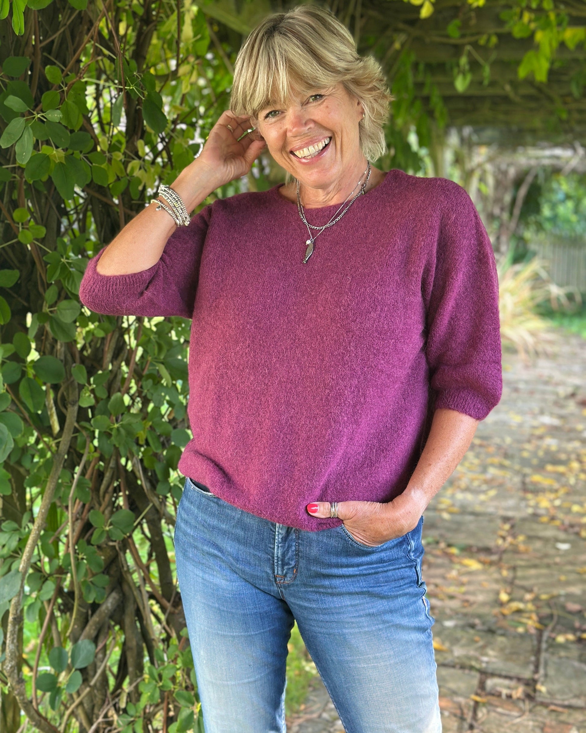 clothing Round Neck Short Sleeve Jumper - Damson