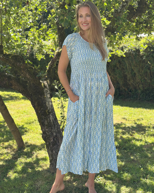 Clothing Ruched Bodice Floral Print Dress - Pale Blue