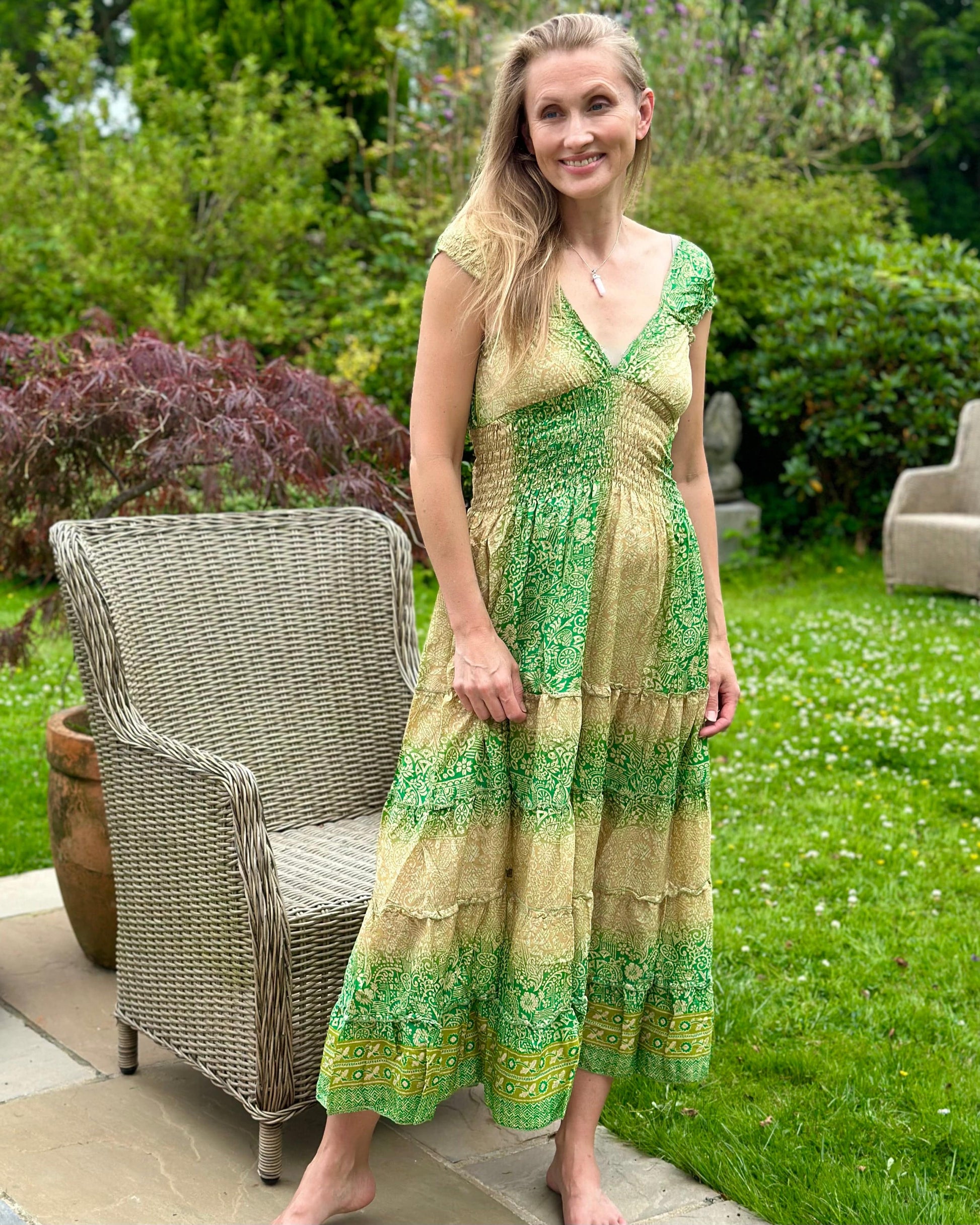 clothing Ruched Silk Sari Dress - Green/Gold