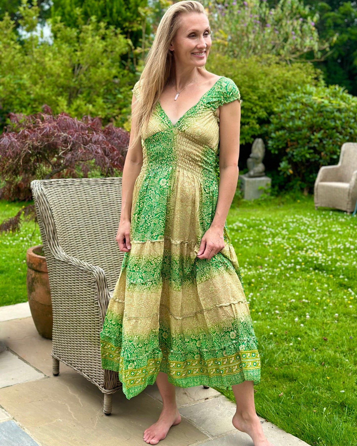 clothing Ruched Silk Sari Dress - Green/Gold