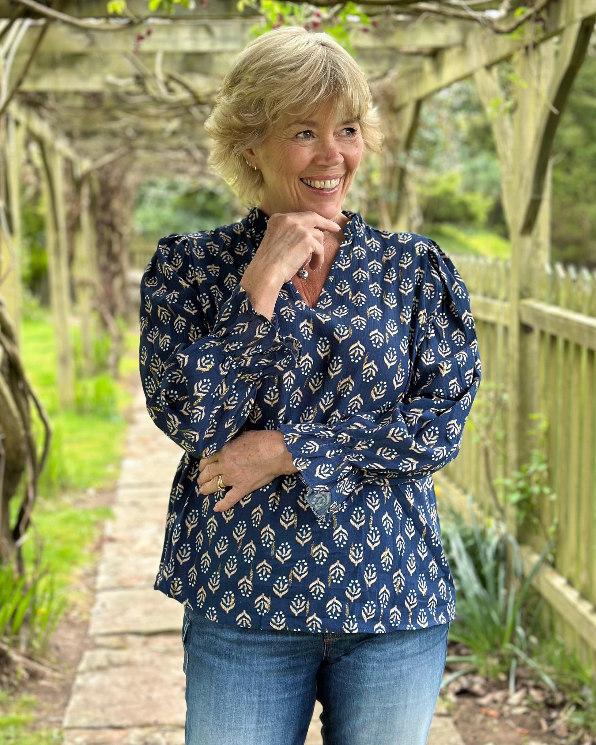 clothing Scarlett Print Cotton Blouse - Navy