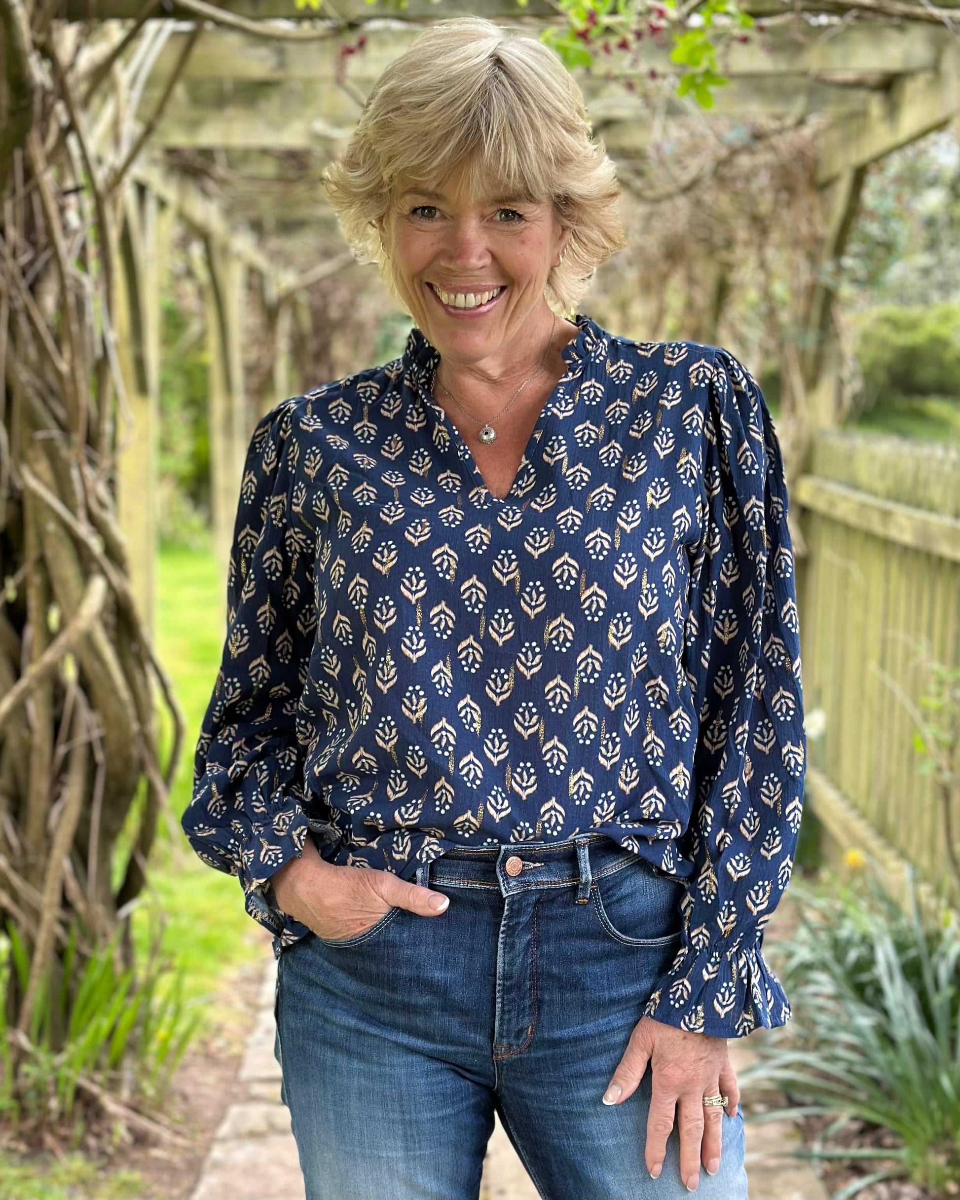 clothing Scarlett Print Cotton Blouse - Navy
