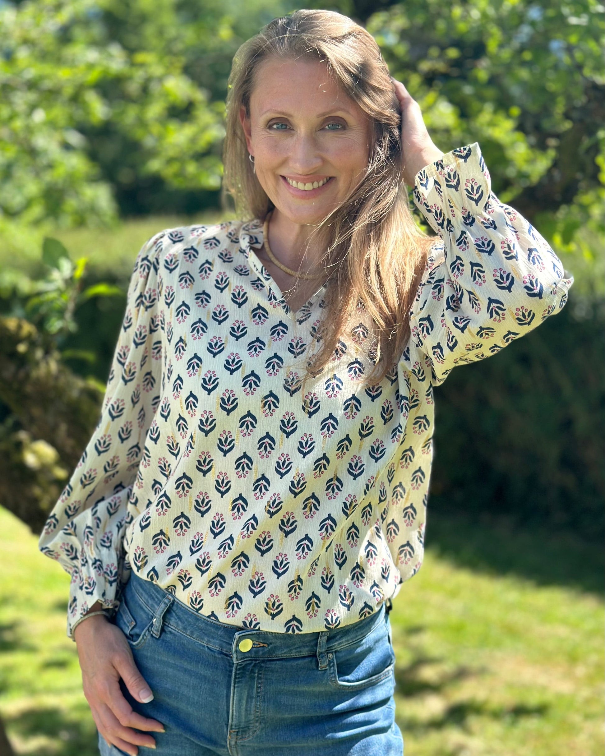 clothing Scarlett Print Cotton Blouse - Navy