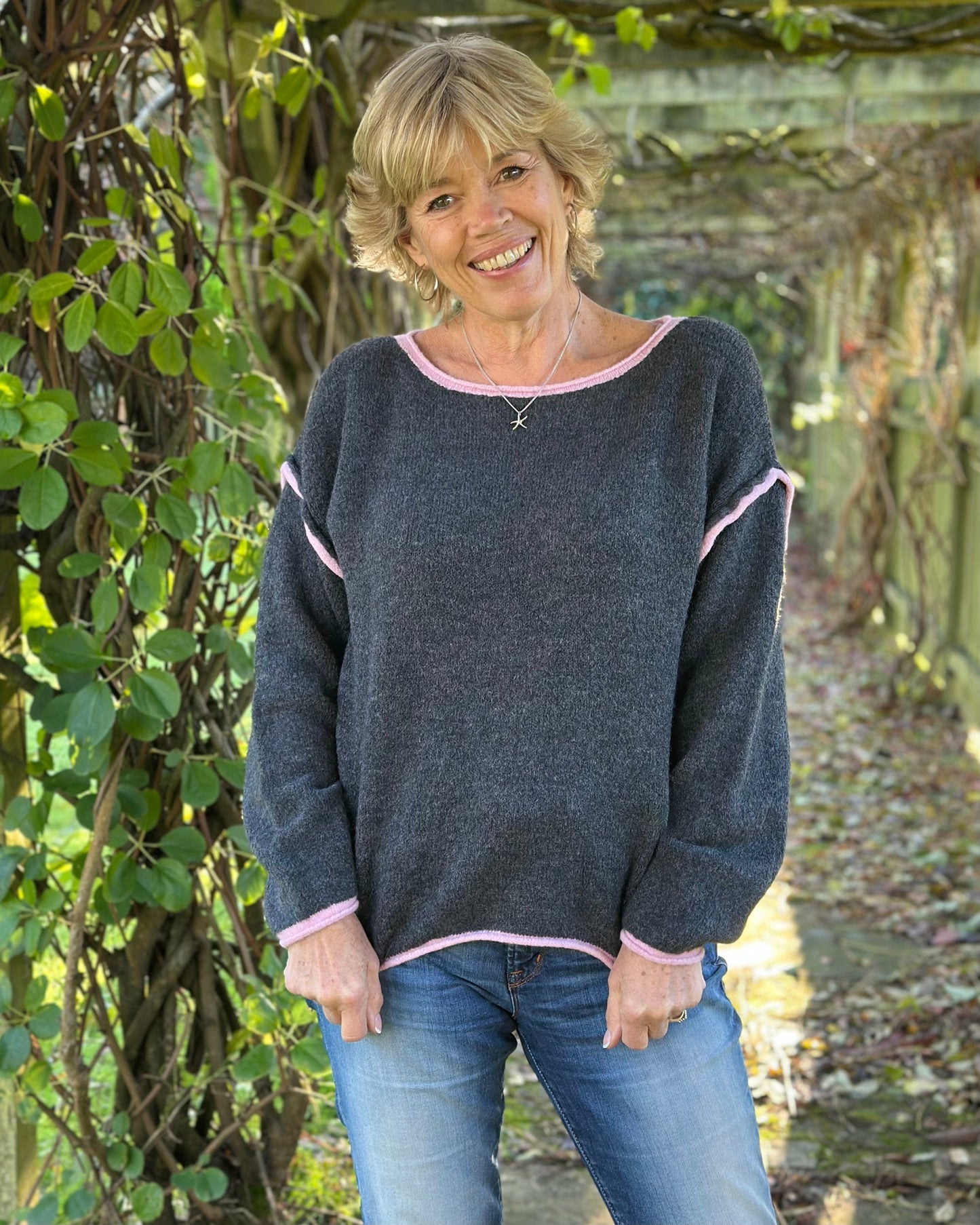 Clothing Seam Detail Wool Mix Jumper - Charcoal/Pink