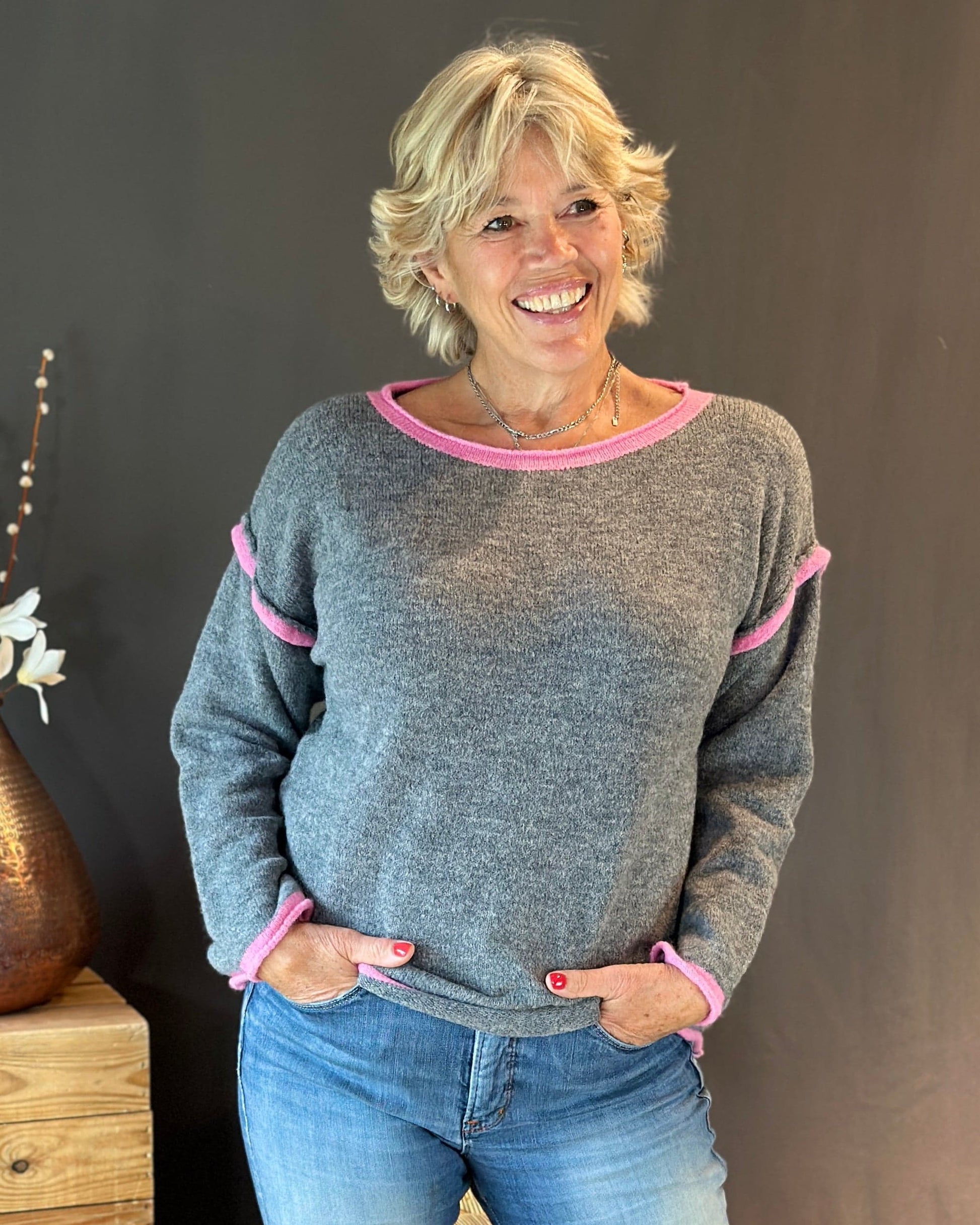 Clothing Seam Detail Wool Mix Jumper - Grey/Pink