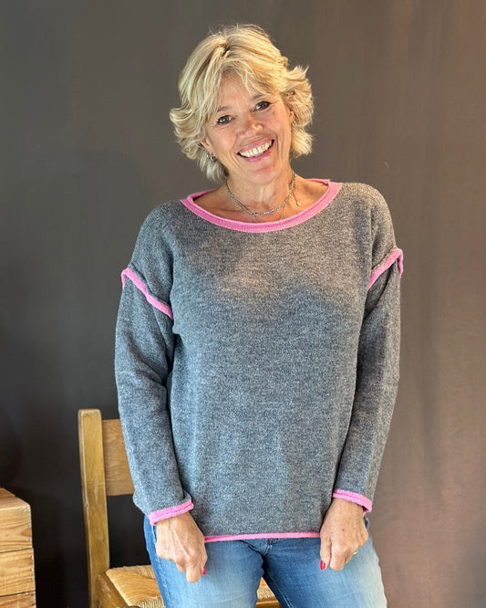 Clothing Seam Detail Wool Mix Jumper - Grey/Pink