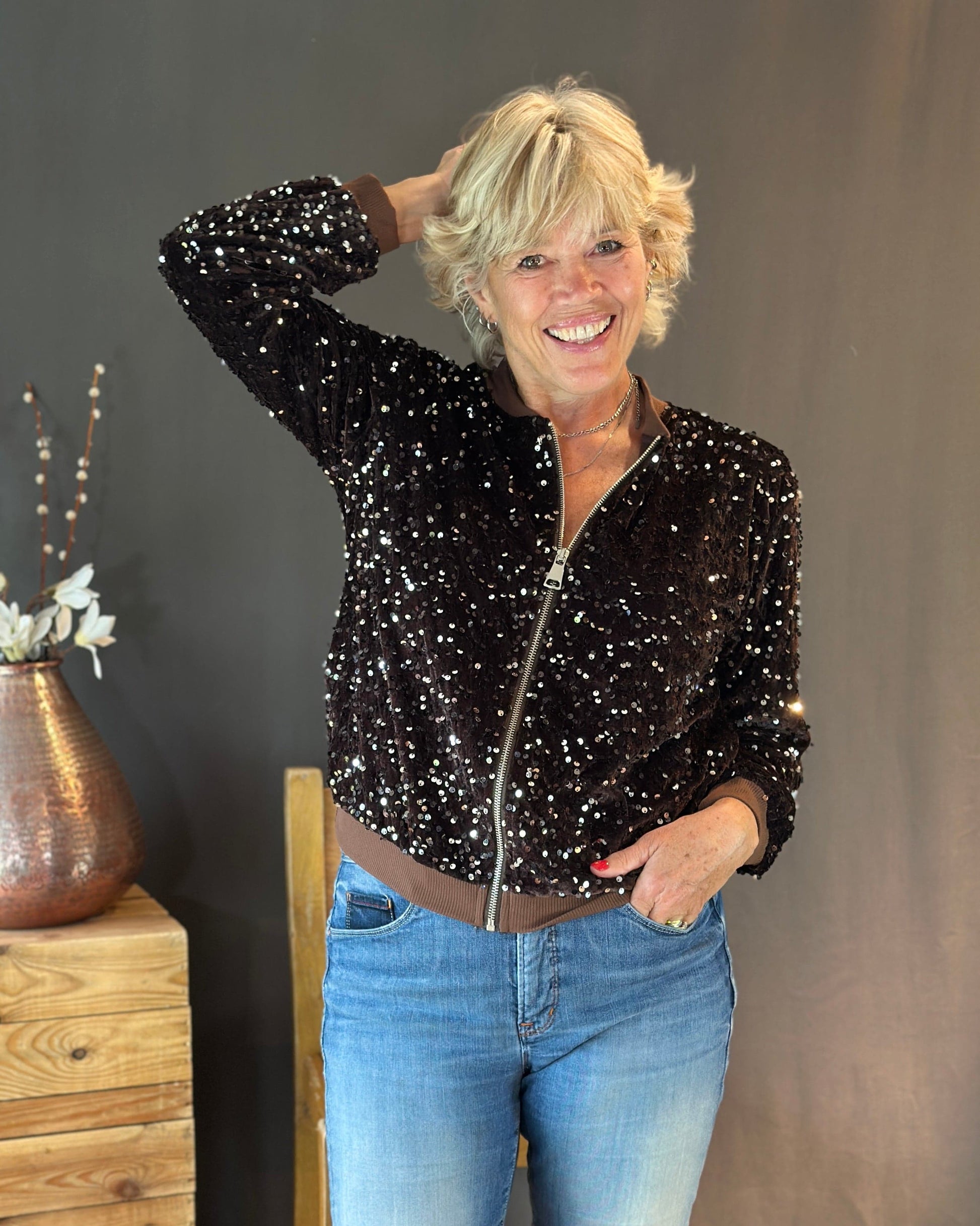 Clothing Sequin Bomber Jacket - Chocolate