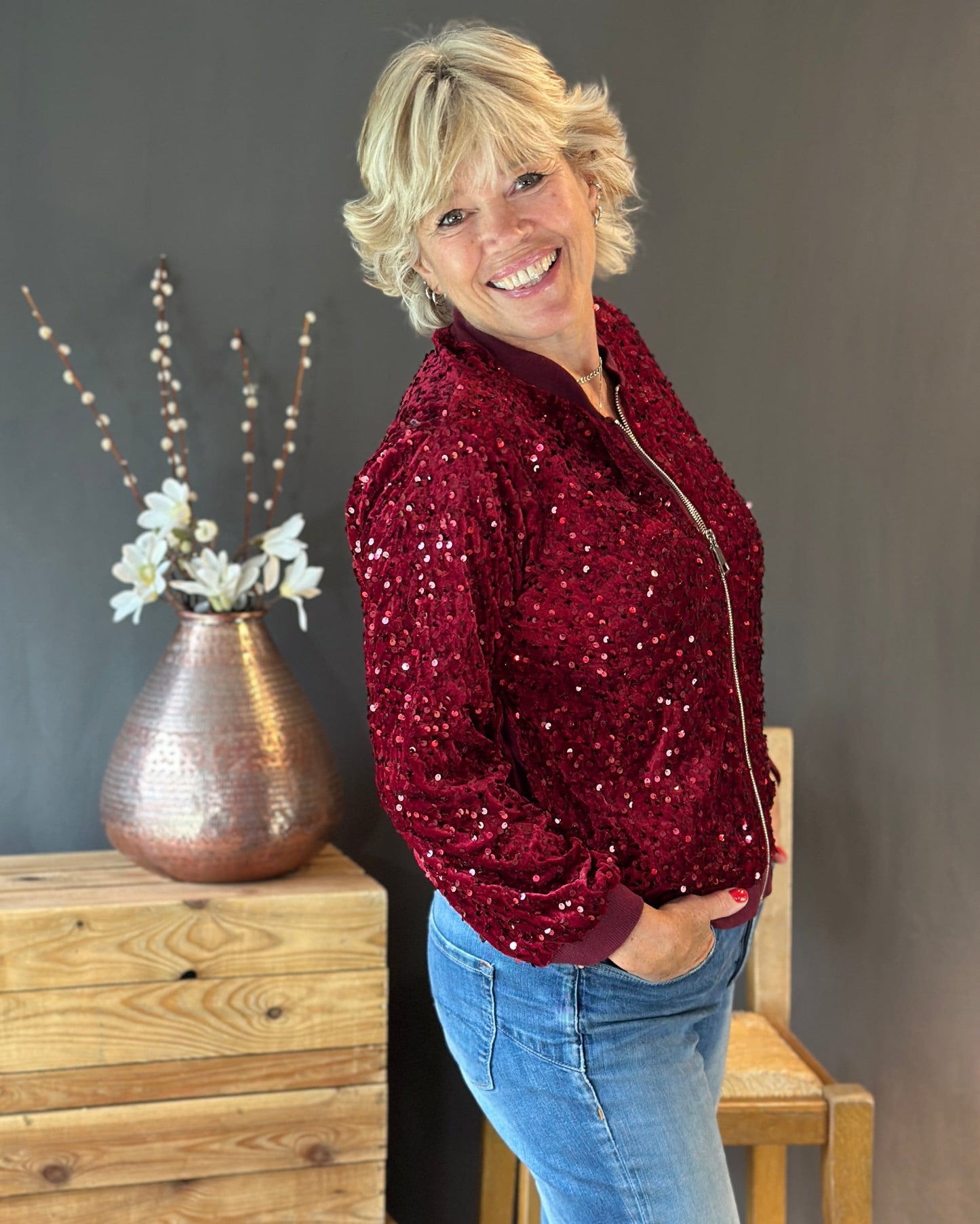 Clothing Sequin Bomber Jacket - Wine