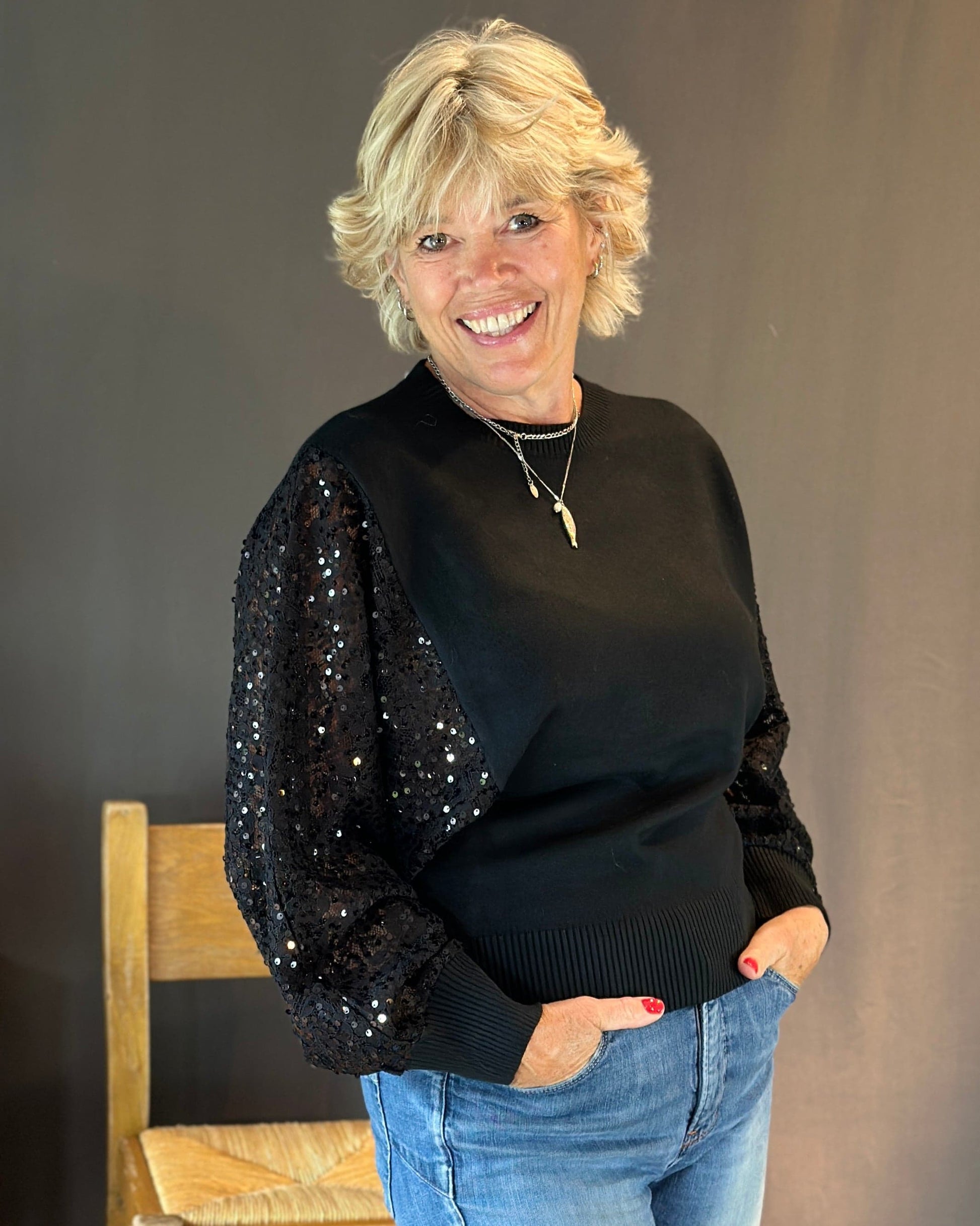 Clothing Sequin Sleeve Fine Knit Jumper - Black