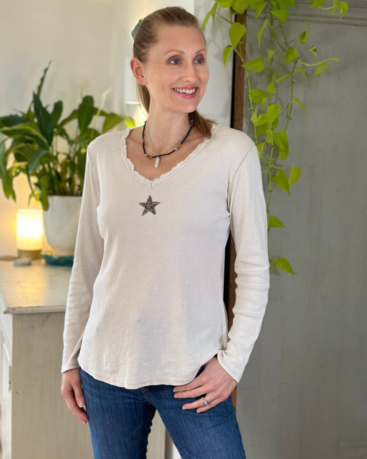 clothing Sequin Star Long Sleeved T-Shirt - Beige