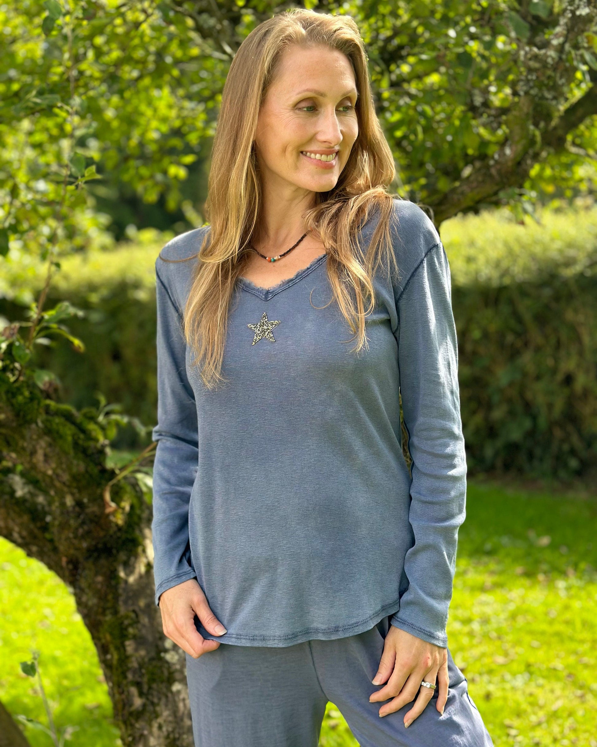 clothing Sequin Star Long Sleeved T-Shirt - Dusky Blue/Grey