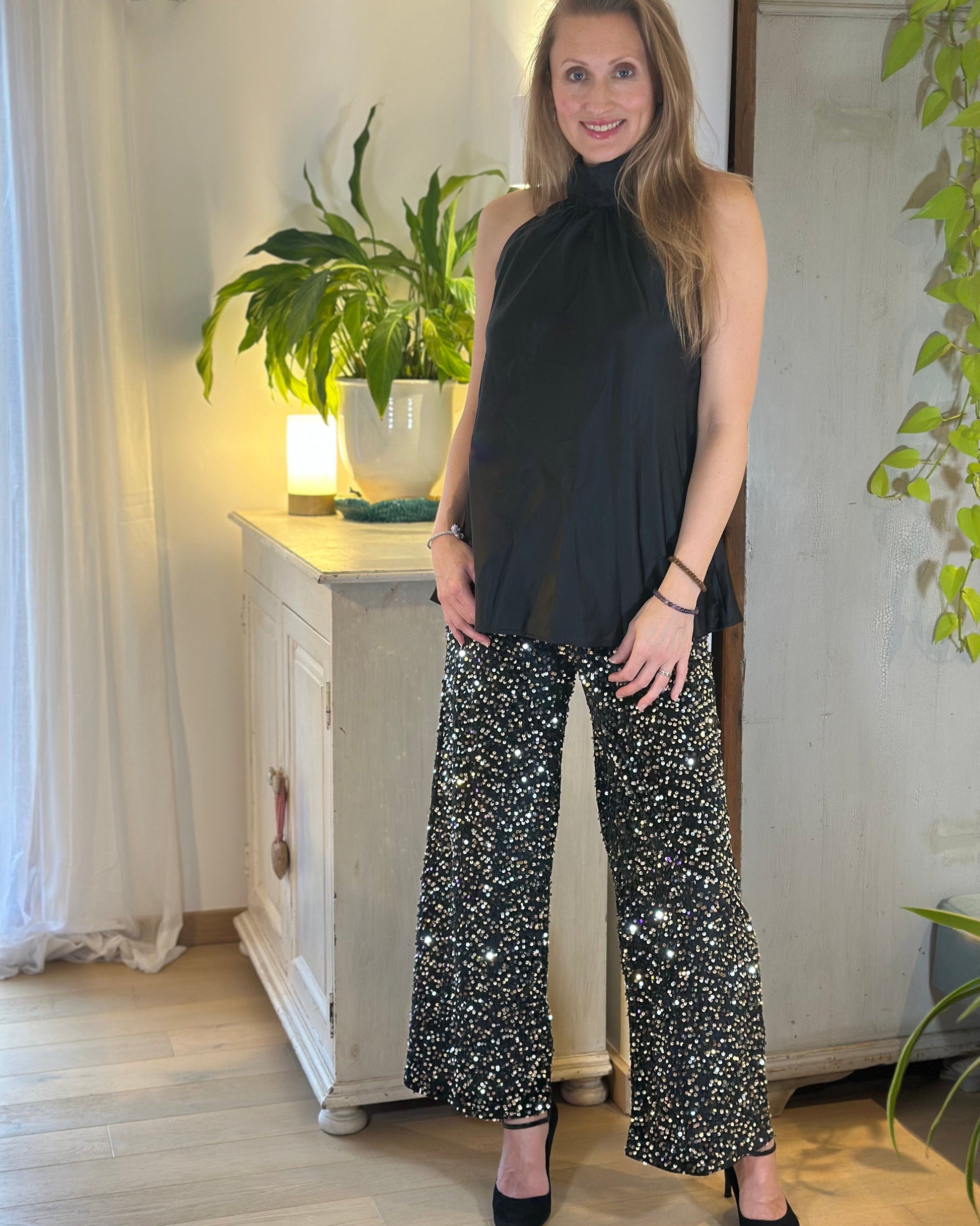 Clothing Sequin & Velvet Trousers - Black/Silver