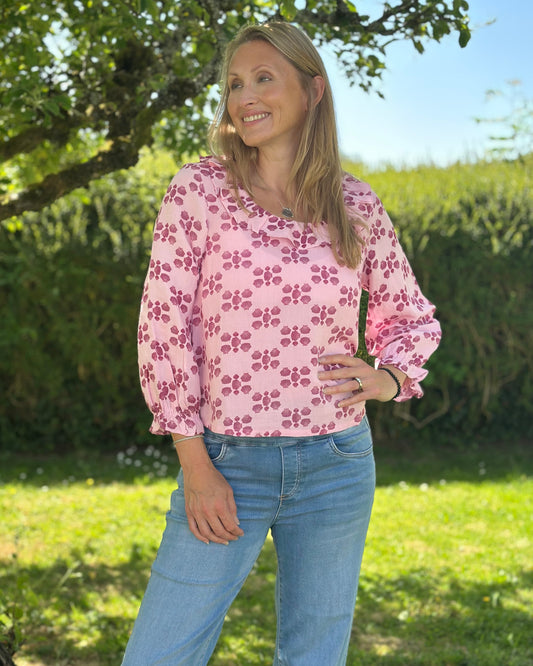 Clothing Shell Print Ruffle Blouse - Pink