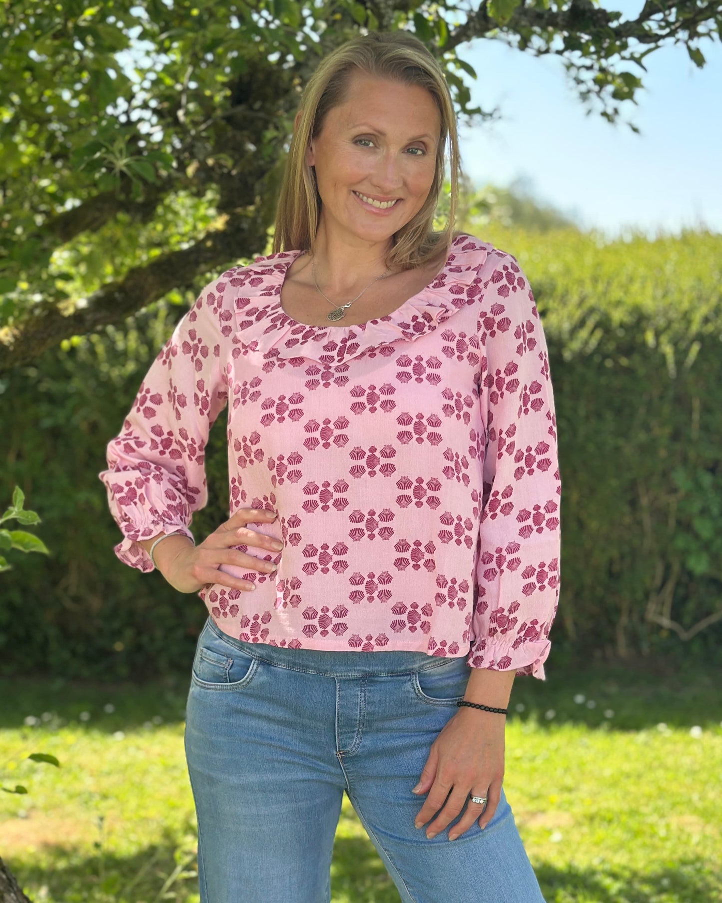 Clothing Shell Print Ruffle Blouse - Pink