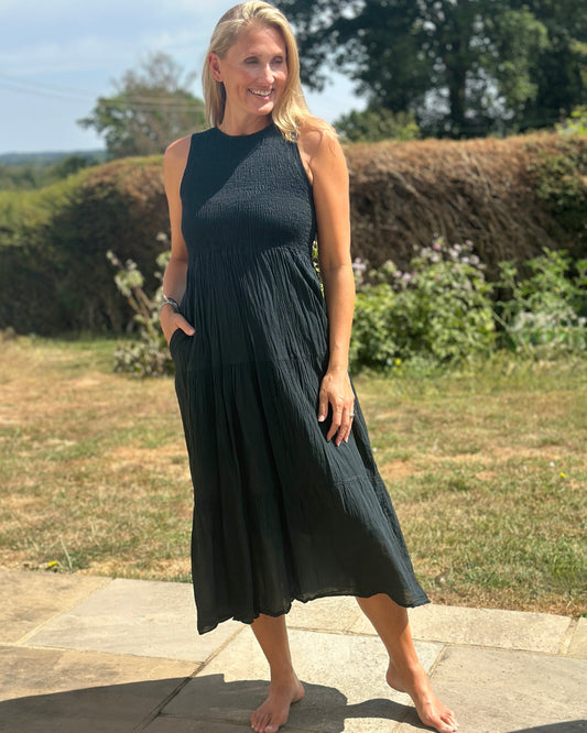 Clothing Shirred Bodice Cotton Dress - Black