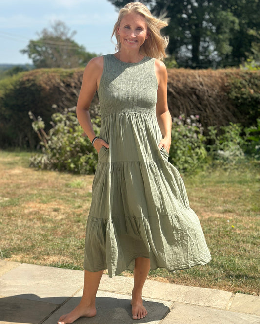 Clothing Shirred Bodice Cotton Dress - Khaki