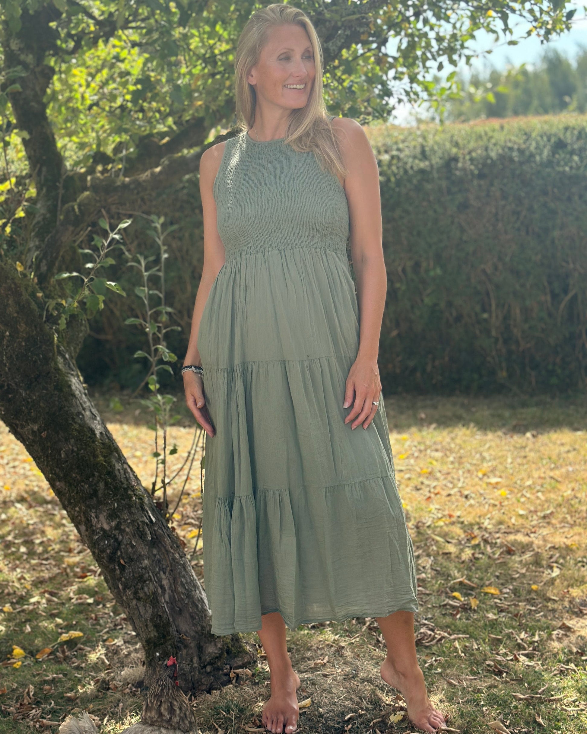 Clothing Shirred Bodice Cotton Dress - Khaki