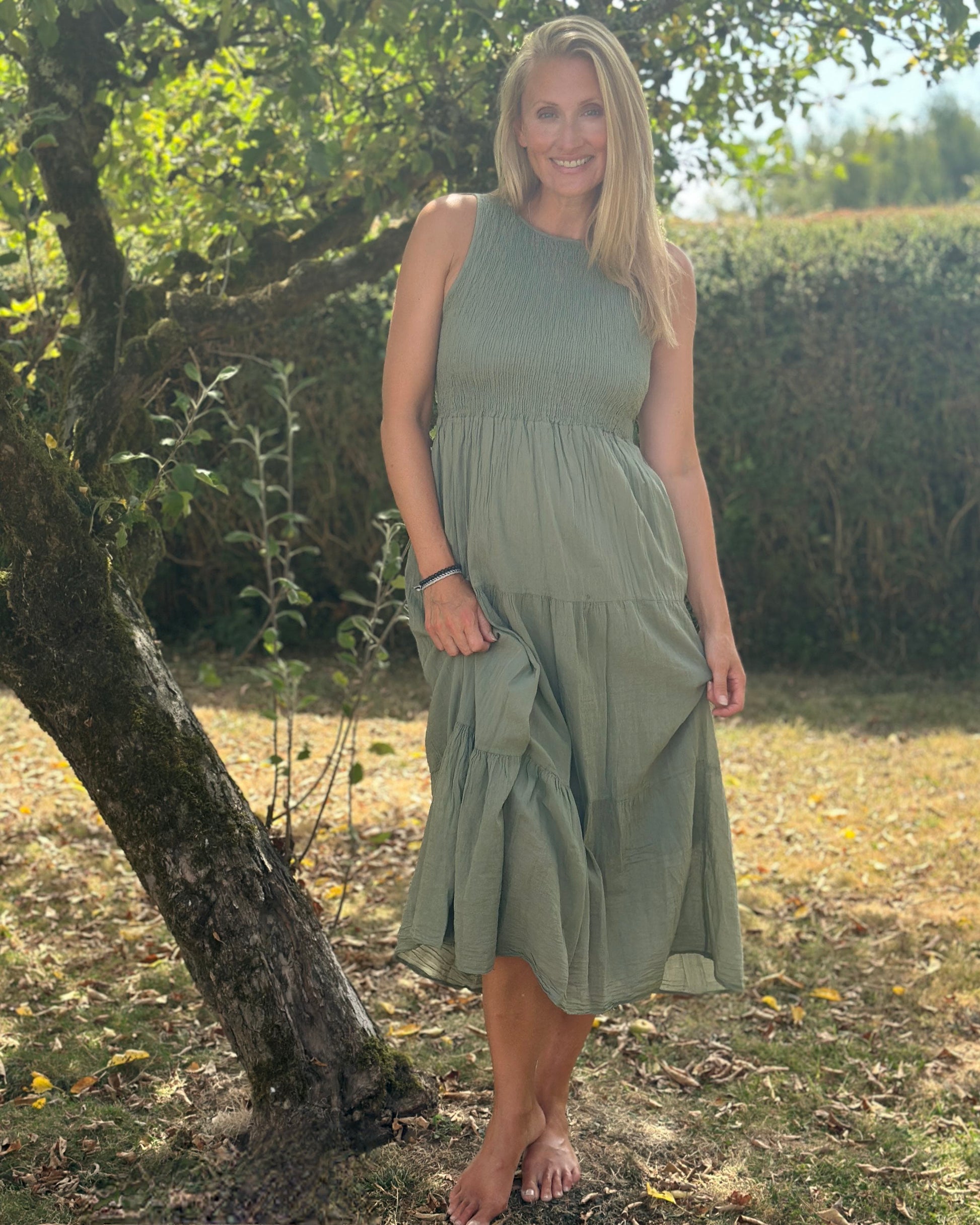 Clothing Shirred Bodice Cotton Dress - Khaki