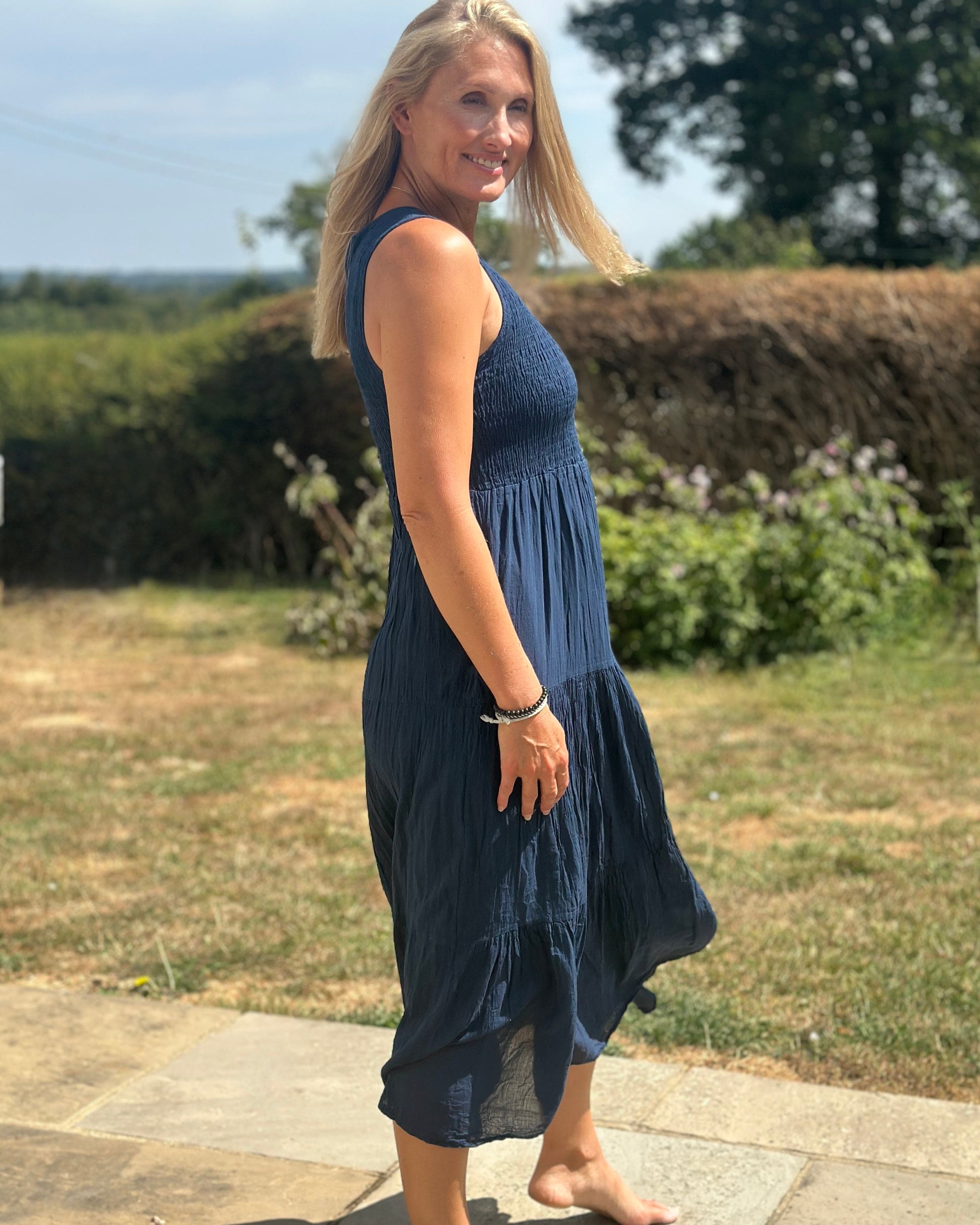 Clothing Shirred Bodice Cotton Dress - Navy
