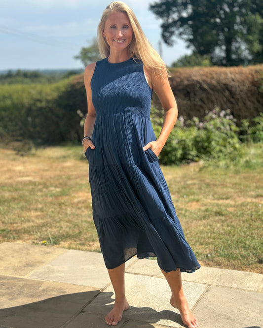 Clothing Shirred Bodice Cotton Dress - Navy