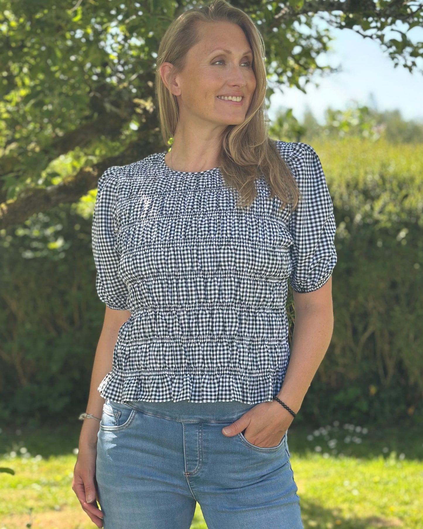 Clothing Shirred Bodice Gingham Top - Black/White