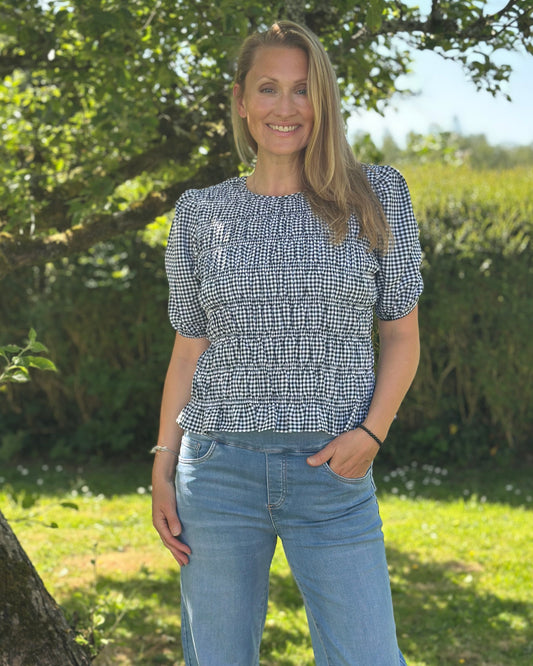 Clothing Shirred Bodice Gingham Top - Black/White