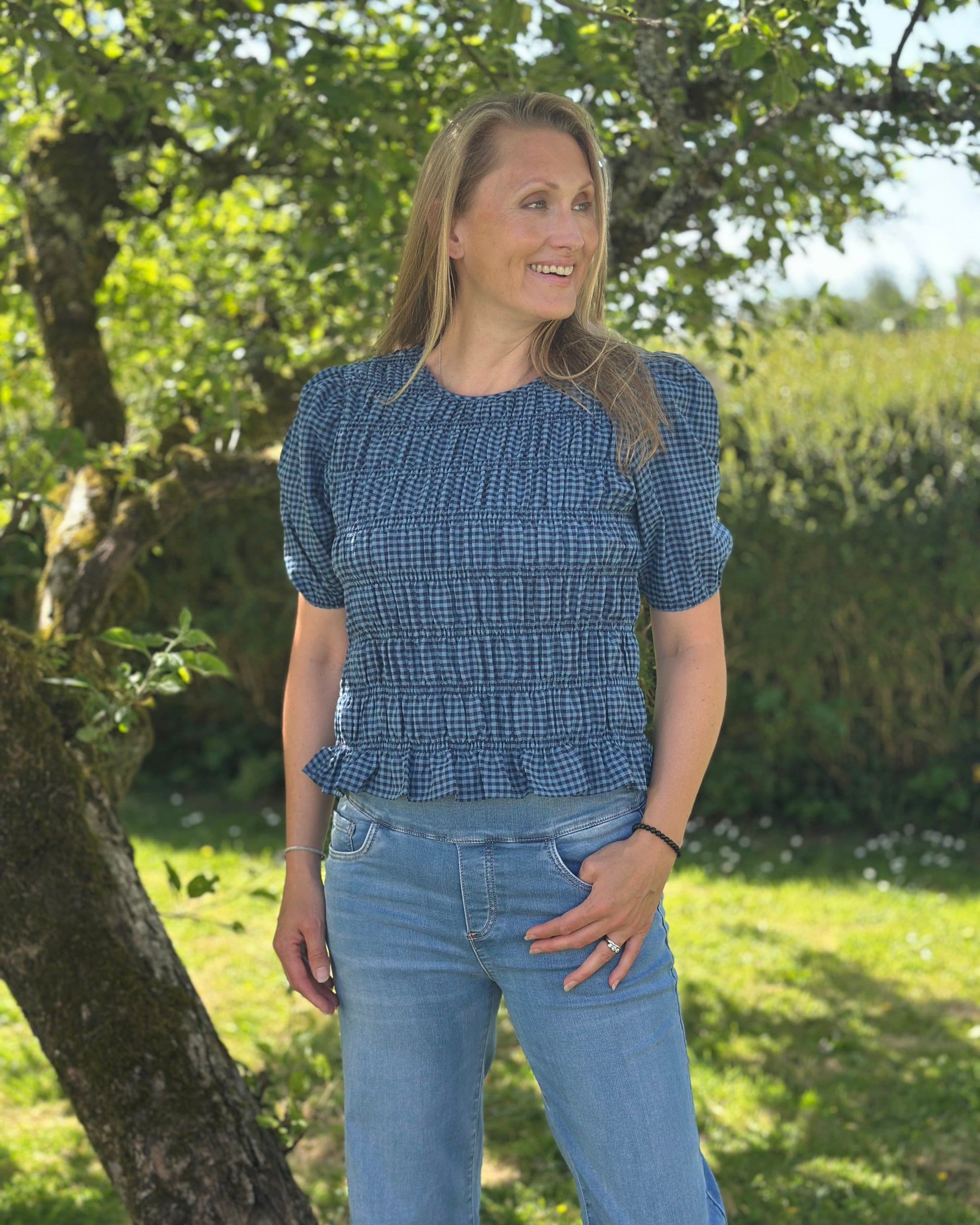 Clothing Shirred Bodice Gingham Top - Navy/Denim