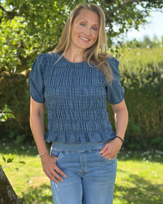 Clothing Shirred Bodice Gingham Top - Navy/Denim