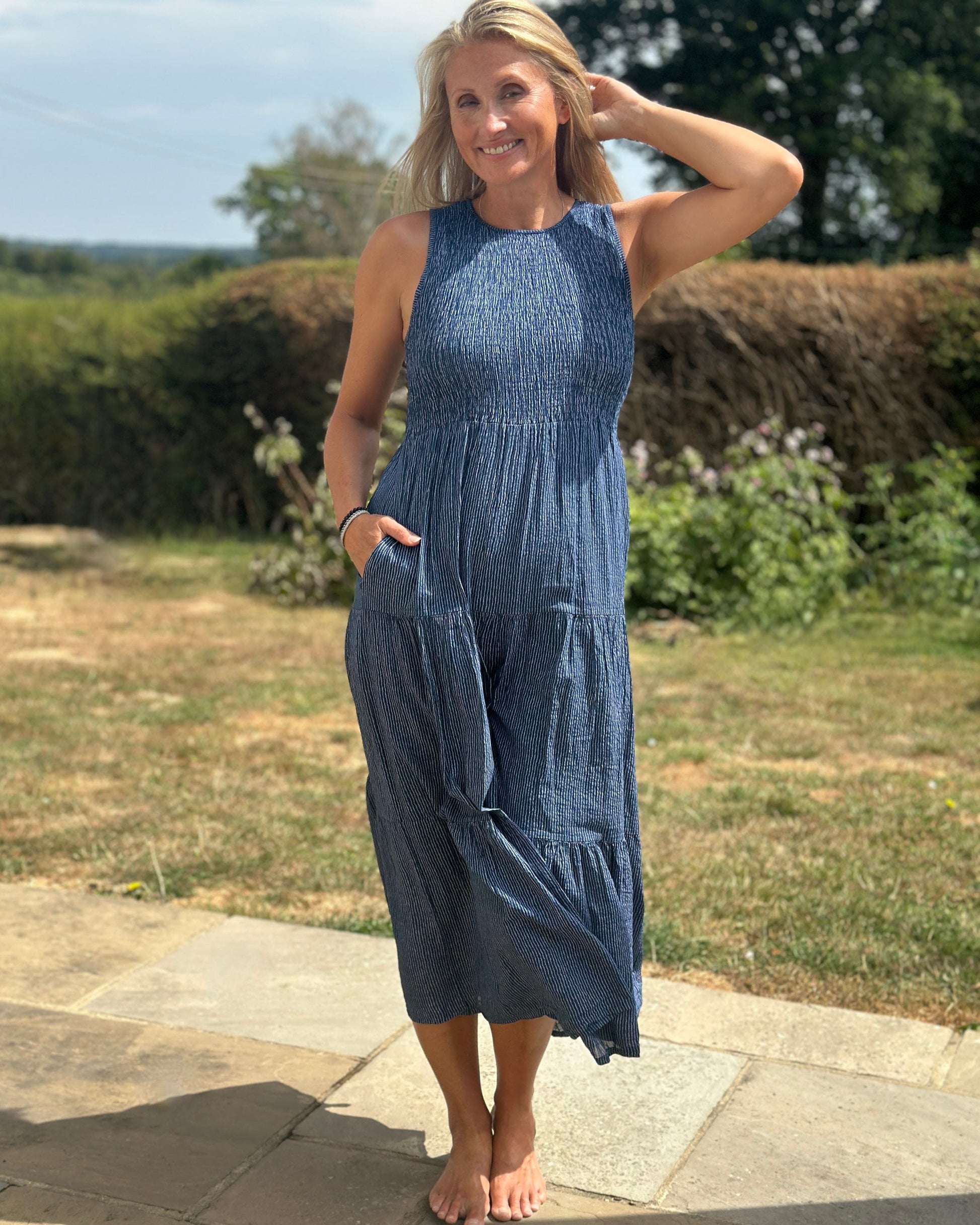 Clothing Shirred Bodice Striped Cotton Dress - Navy