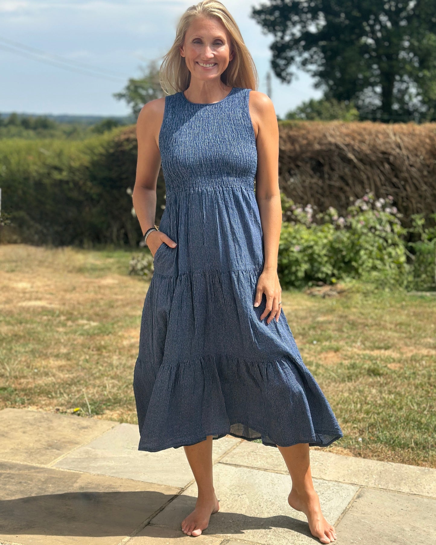 Clothing Shirred Bodice Striped Cotton Dress - Navy