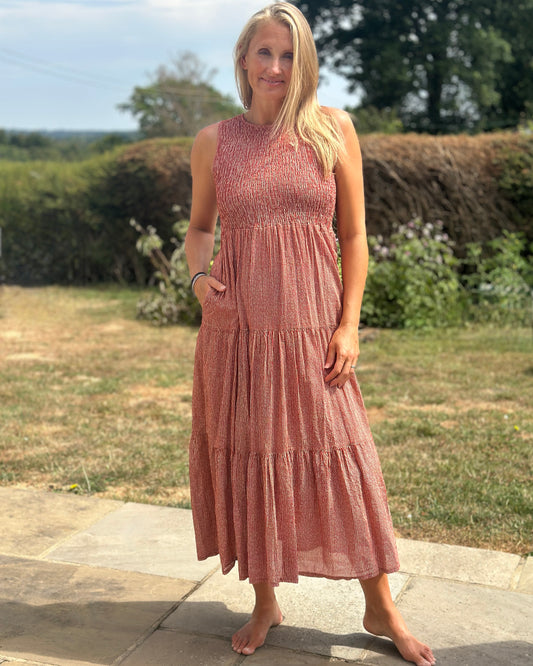 Clothing Shirred Bodice Striped Cotton Dress - Rust