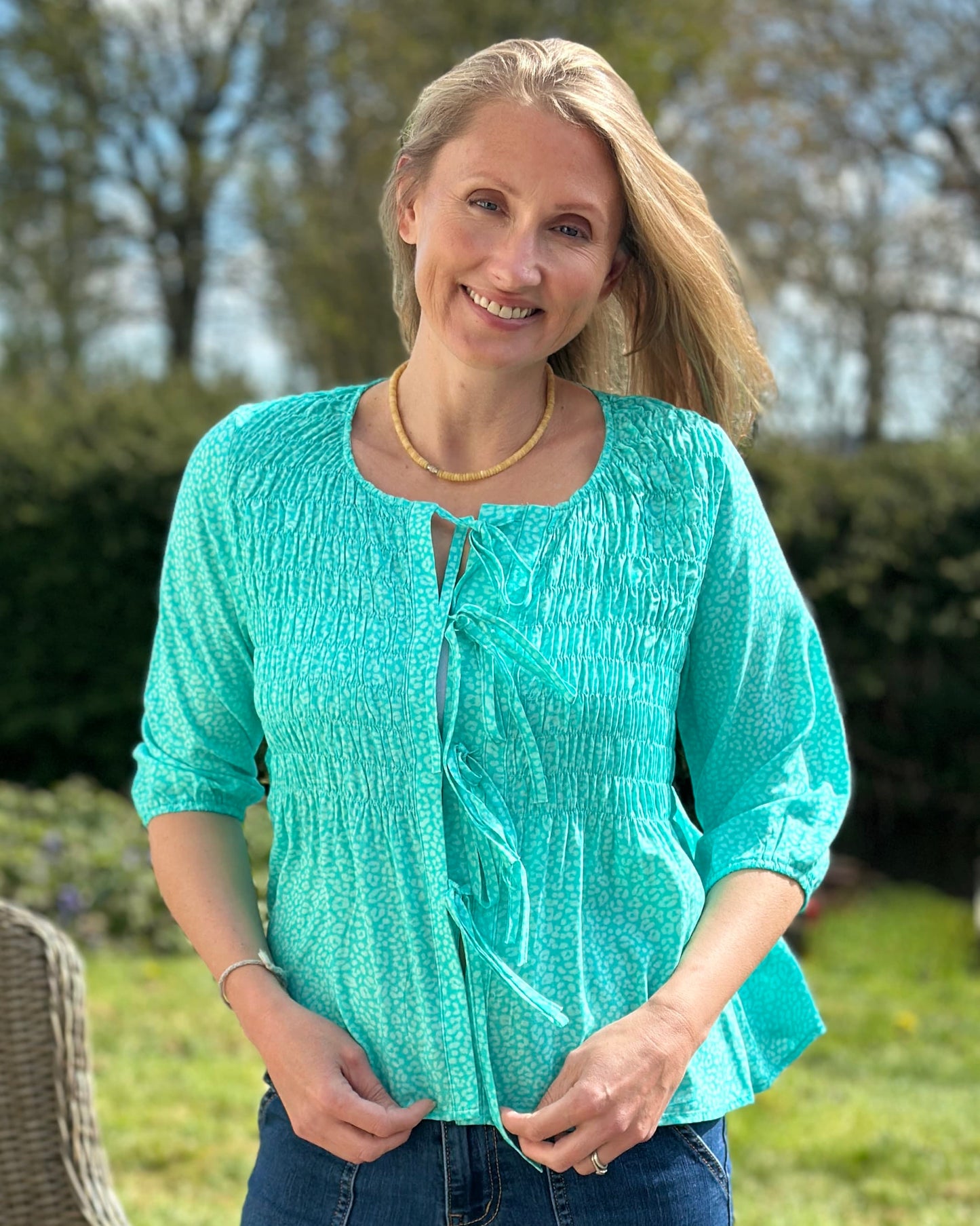 Clothing Shirred Body Tie Front Blouse - Turquoise Leopard Print