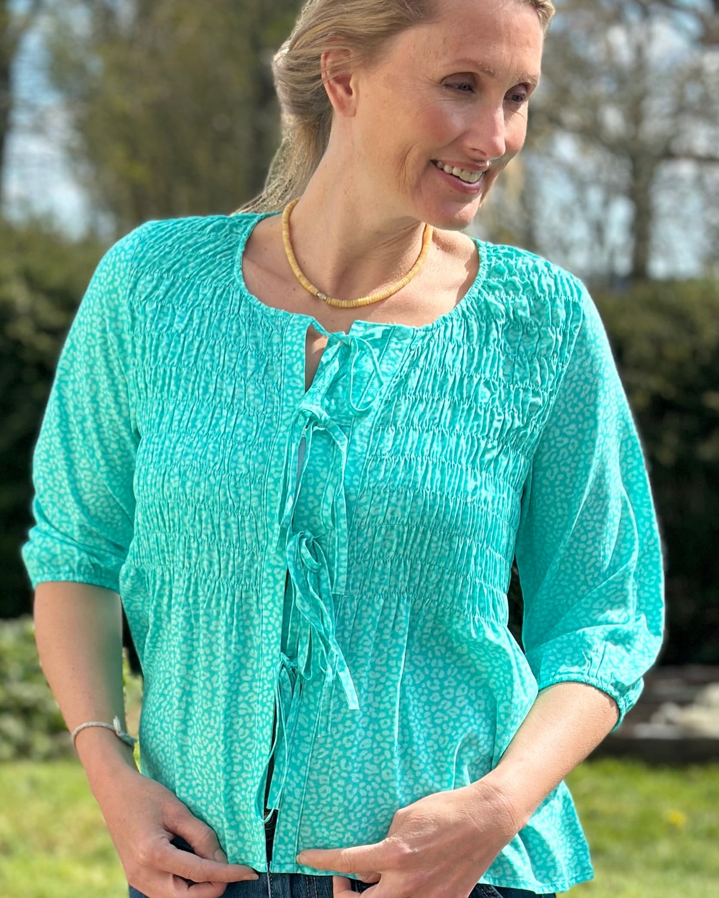Clothing Shirred Body Tie Front Blouse - Turquoise Leopard Print