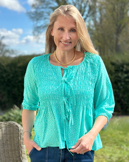 Clothing Shirred Body Tie Front Blouse - Turquoise Leopard Print