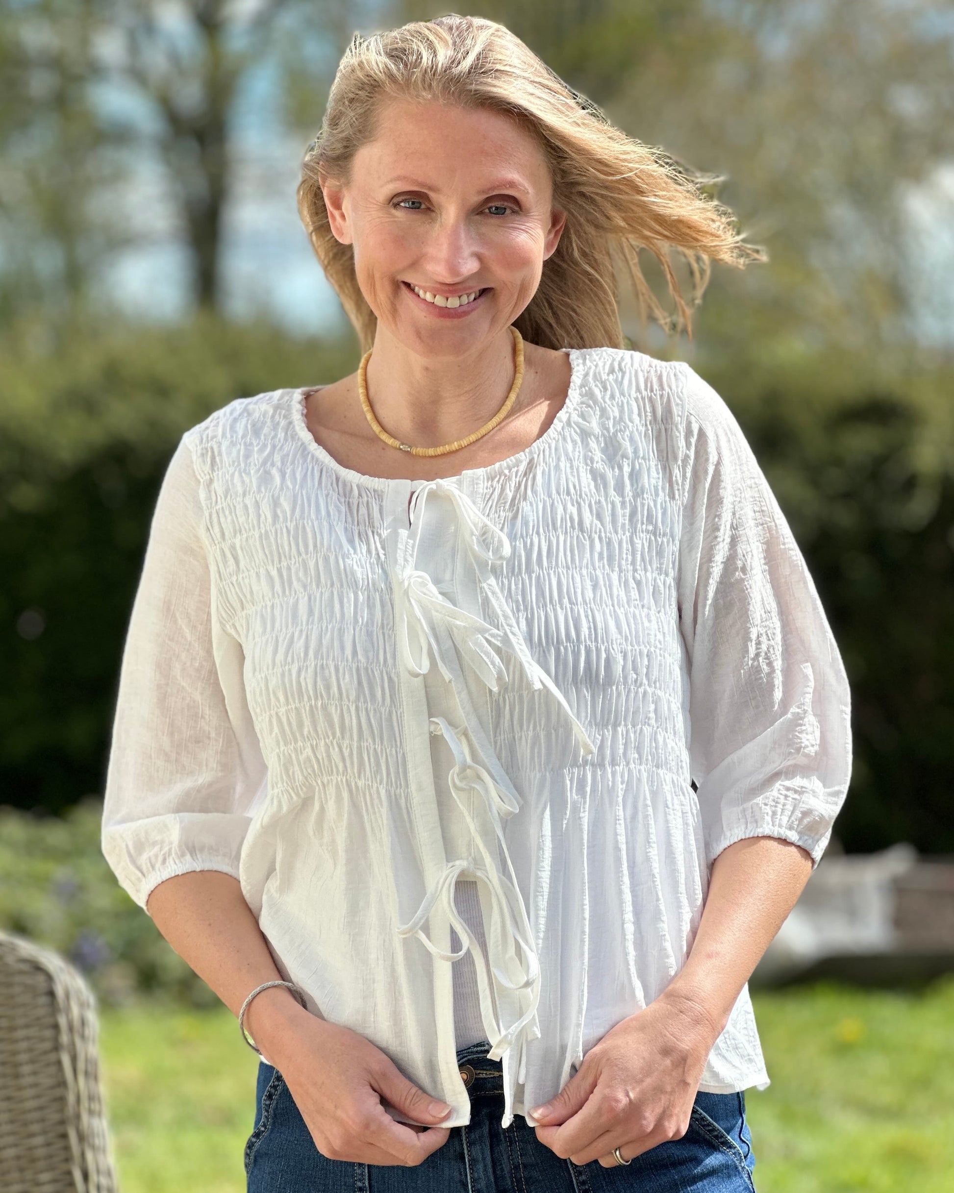 Clothing Shirred Body Tie Front Blouse - White