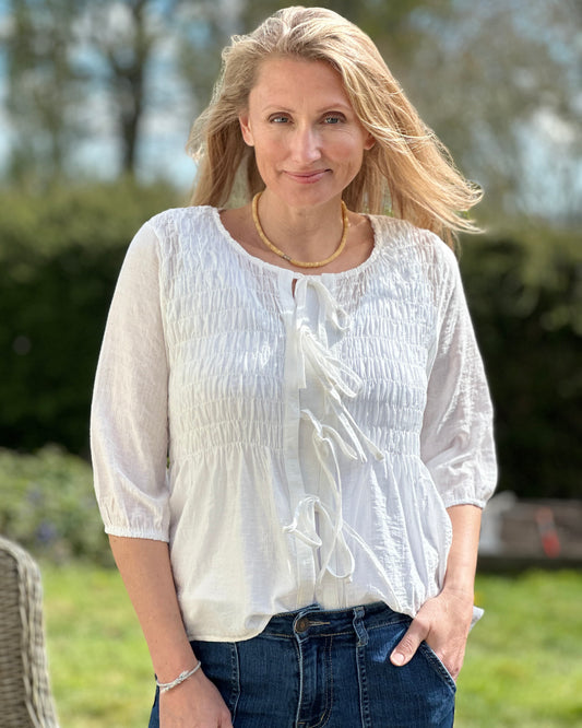 Clothing Shirred Body Tie Front Blouse - White