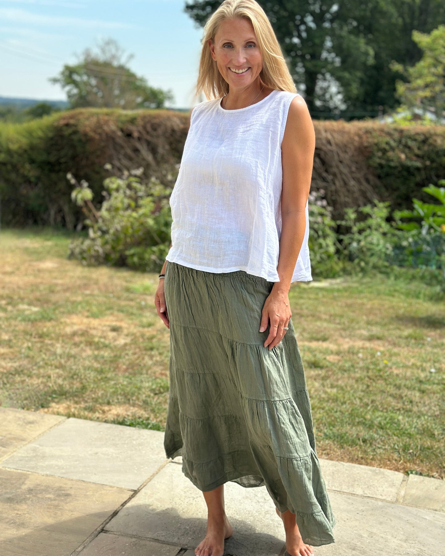 Clothing Shirred Waist Linen Skirt - Khaki