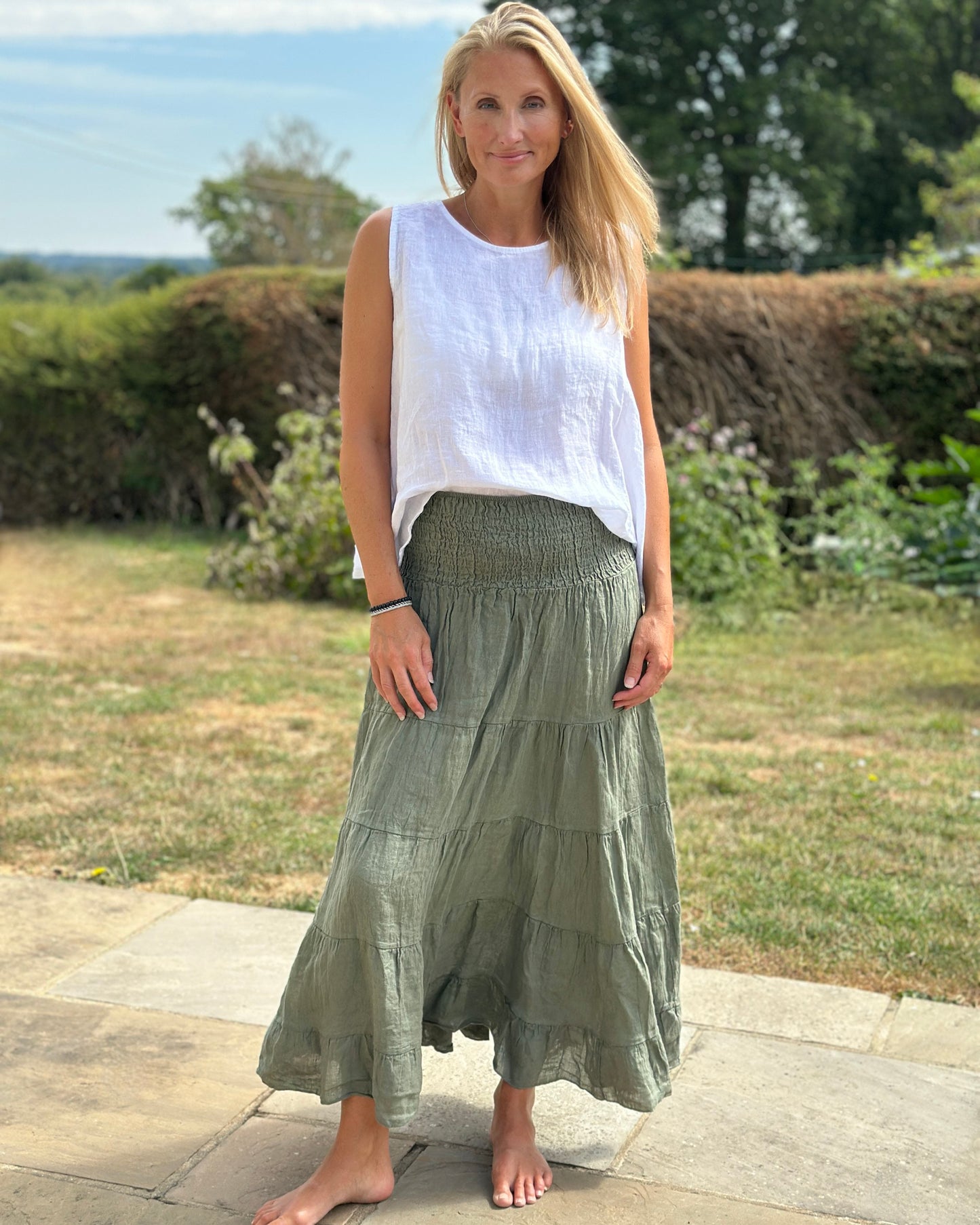 Clothing Shirred Waist Linen Skirt - Khaki