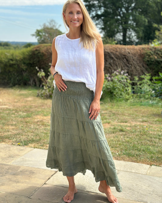 Clothing Shirred Waist Linen Skirt - Khaki